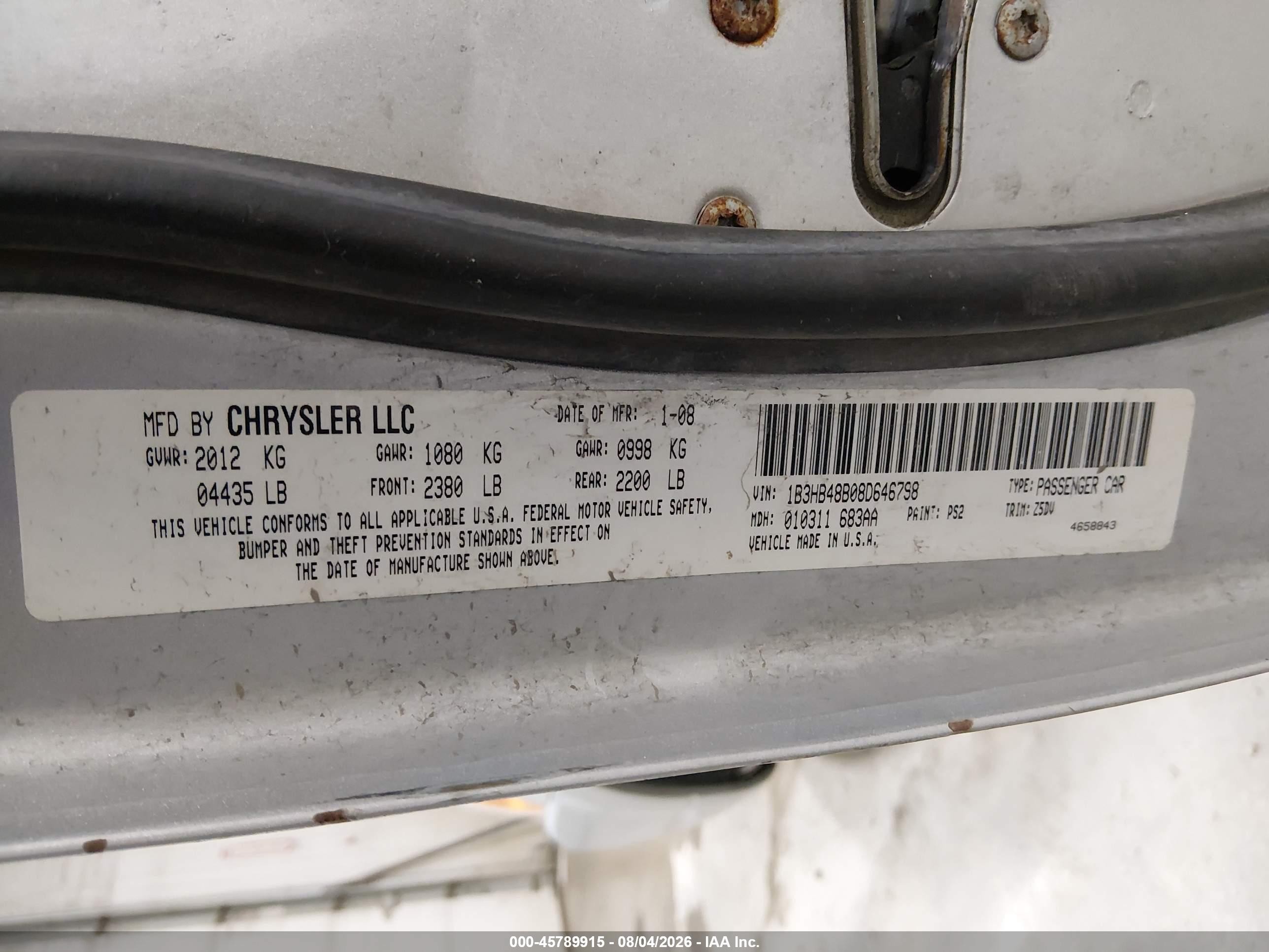 2008 Dodge Caliber Sxt Серебряный vin: 1B3HB48B08D646798
