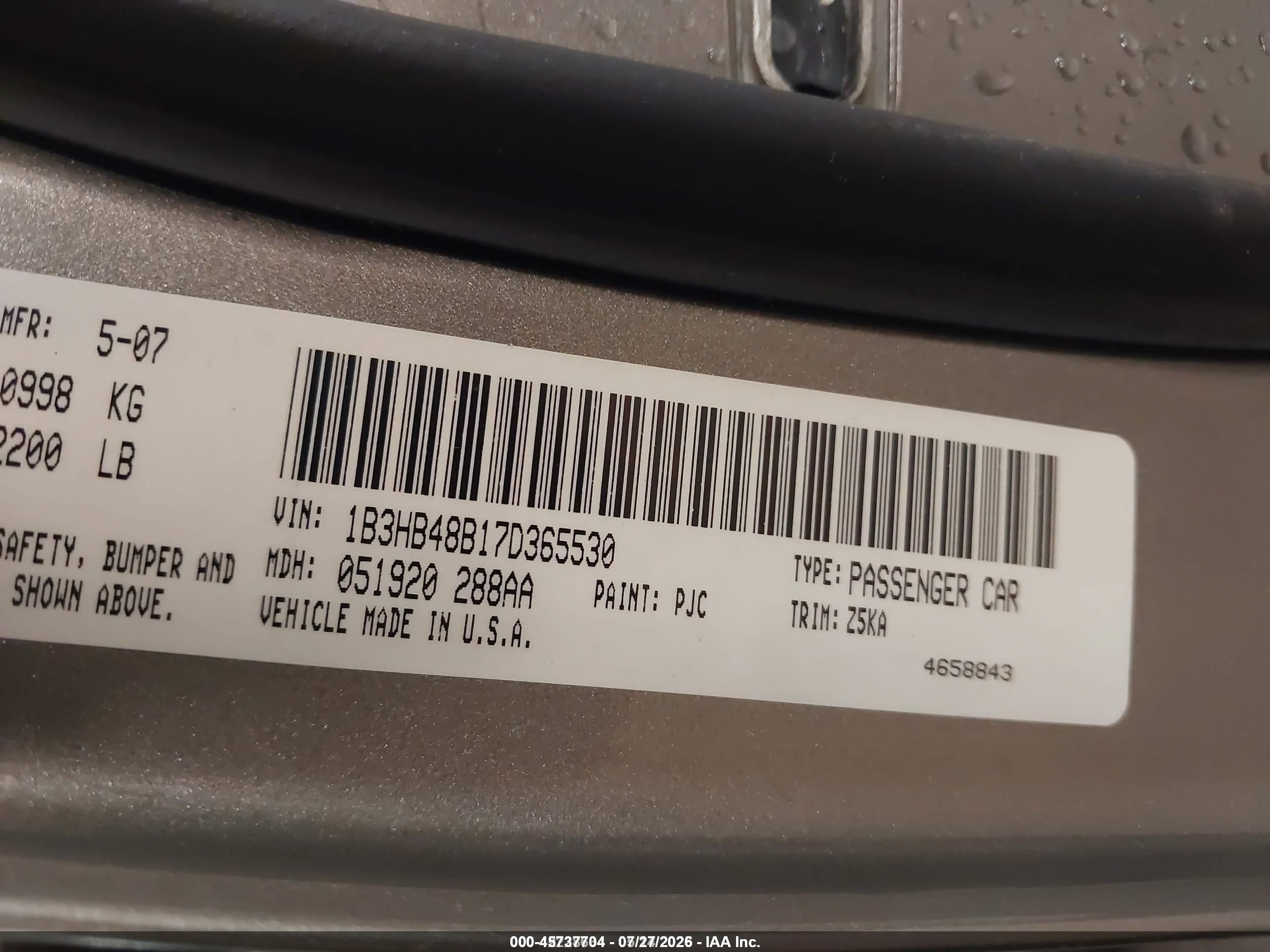 2007 Dodge Caliber Sxt Champagne vin: 1B3HB48B17D365530