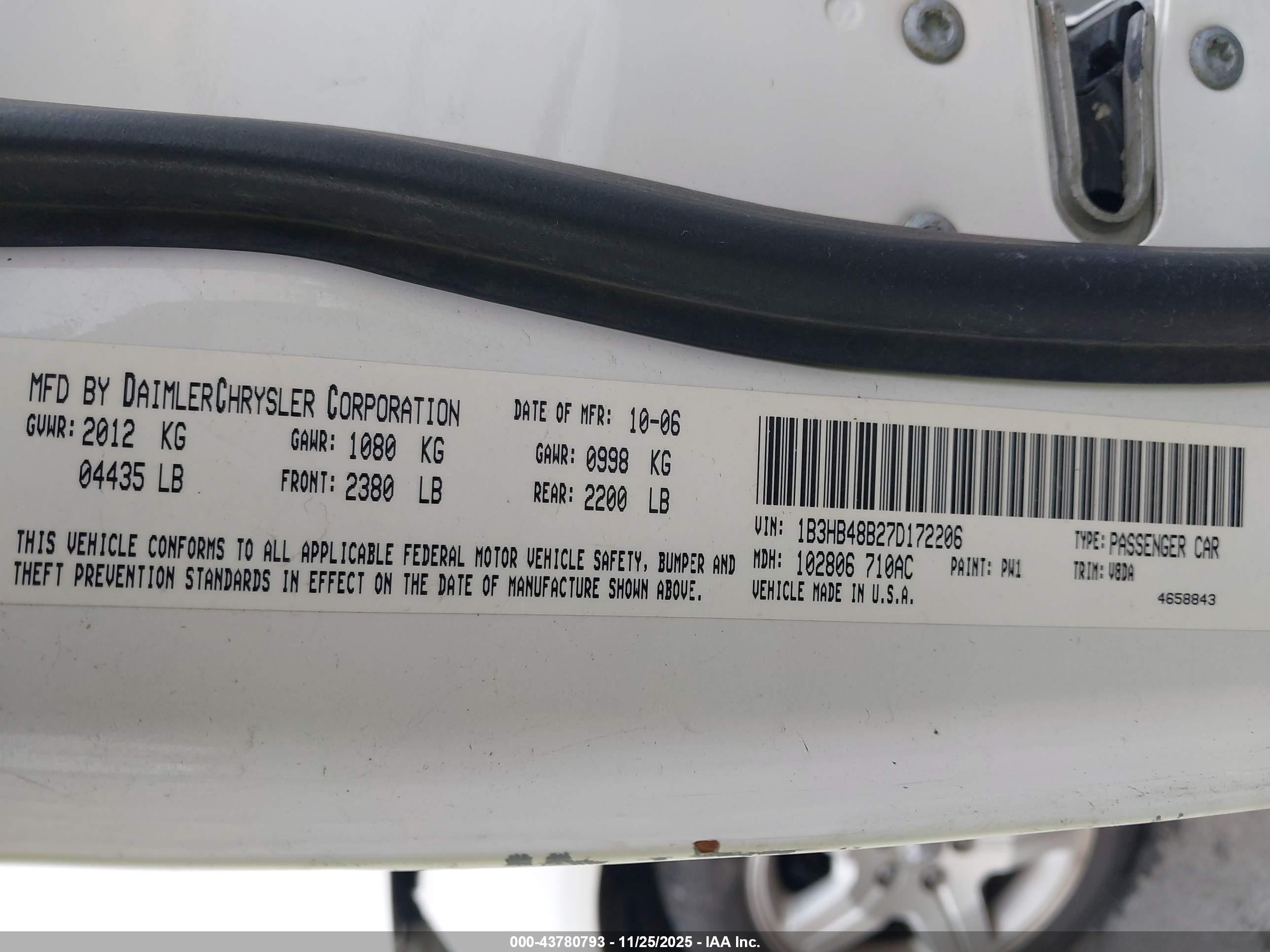 2007 Dodge Caliber Sxt Белый vin: 1B3HB48B27D172206