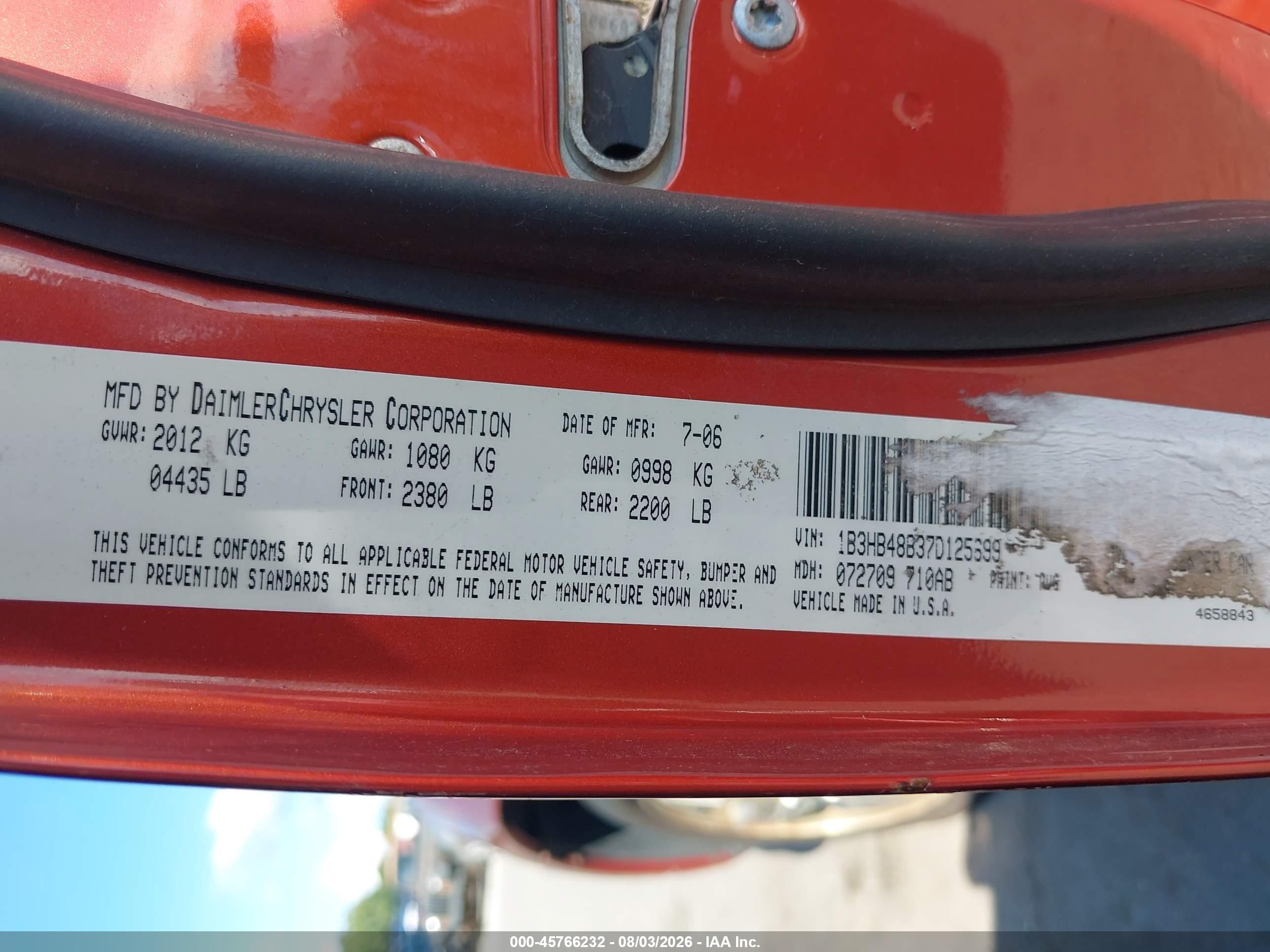 2007 Dodge Caliber Sxt Orange vin: 1B3HB48B37D125699