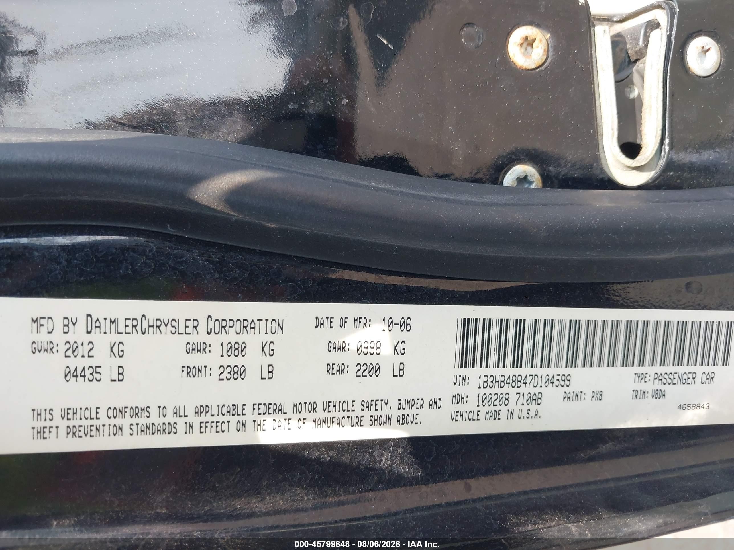 2007 Dodge Caliber Sxt Black vin: 1B3HB48B47D104599