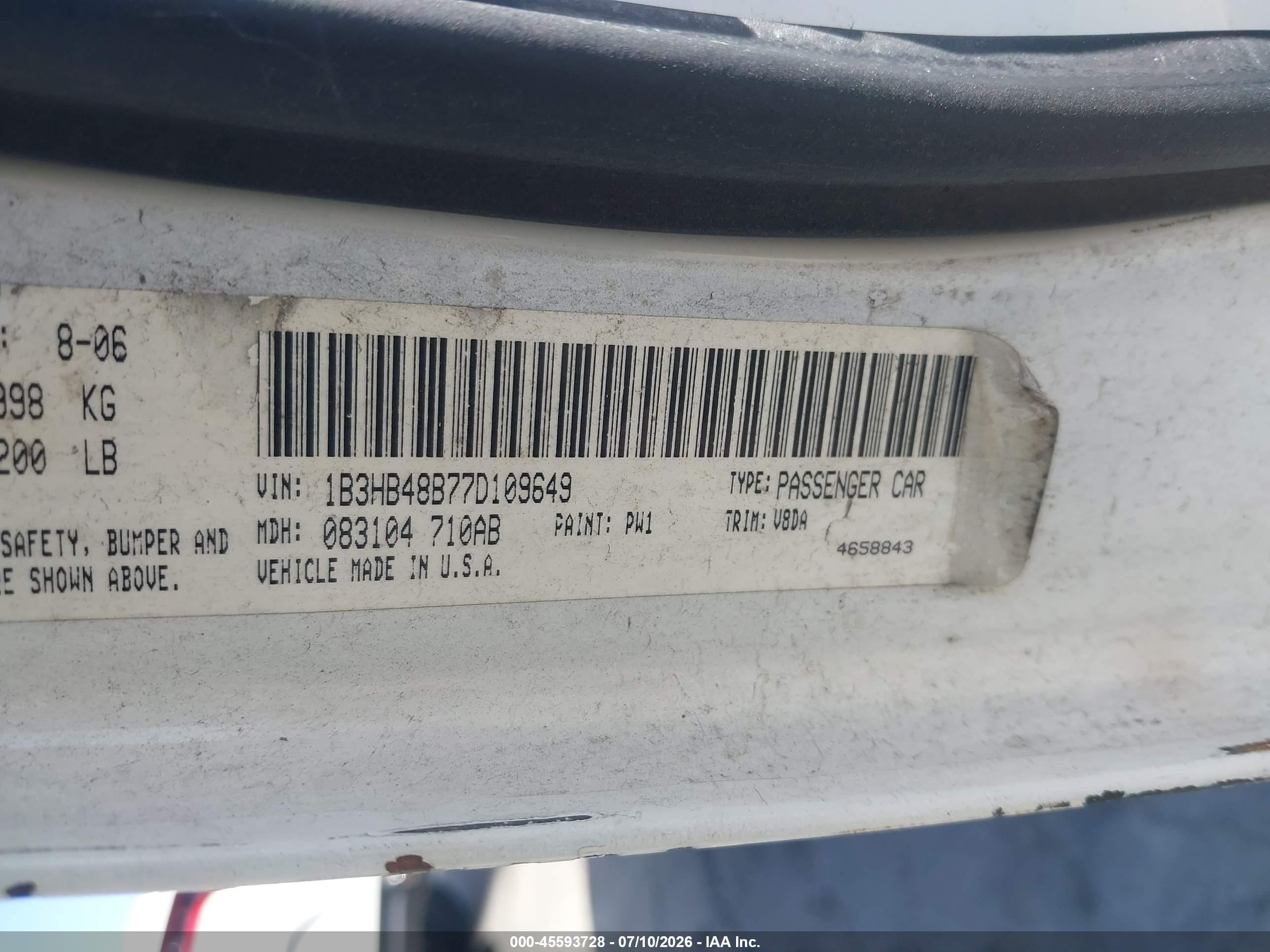 2007 Dodge Caliber Sxt White vin: 1B3HB48B77D109649
