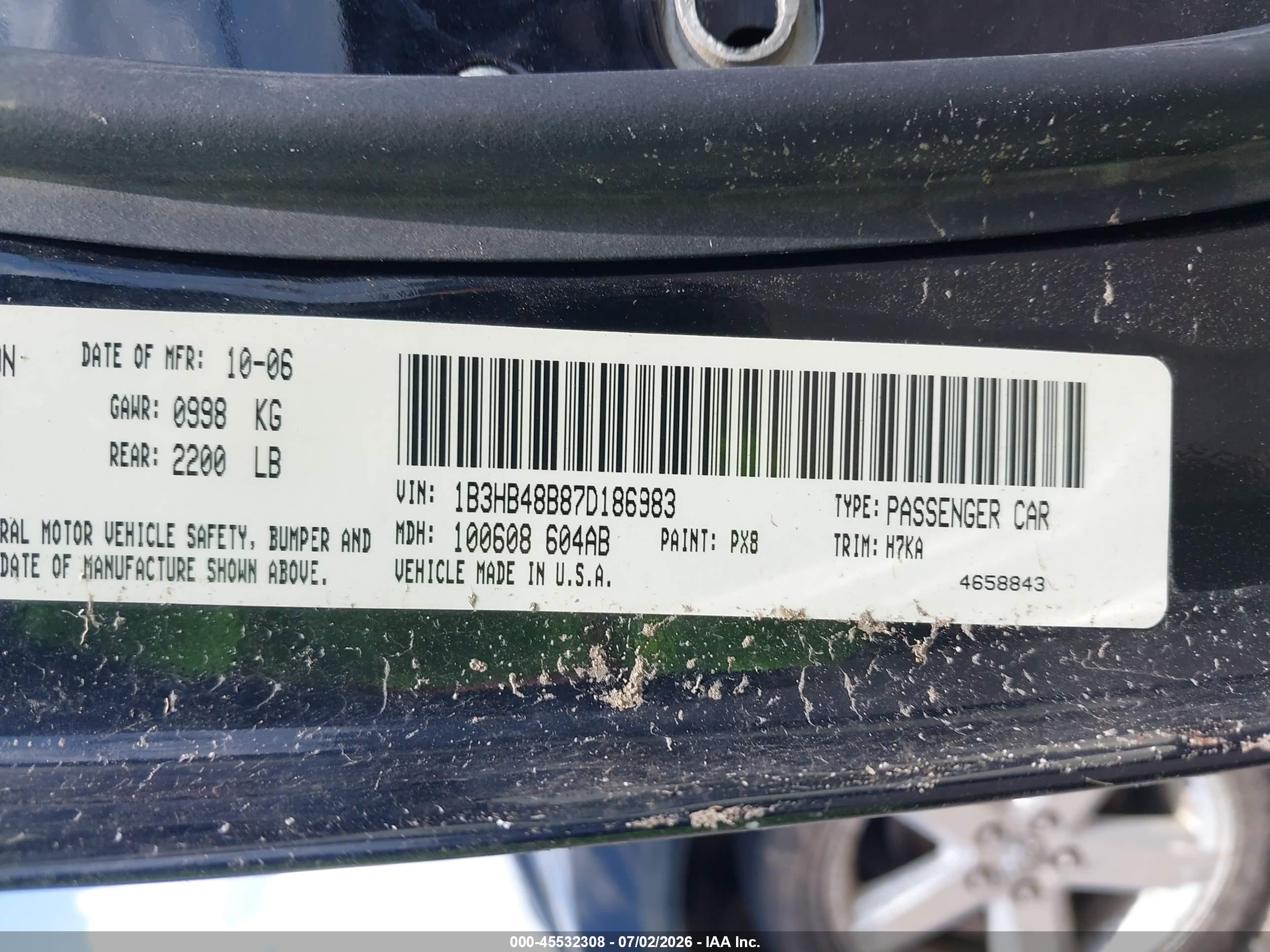 2007 Dodge Caliber Sxt Black vin: 1B3HB48B87D186983
