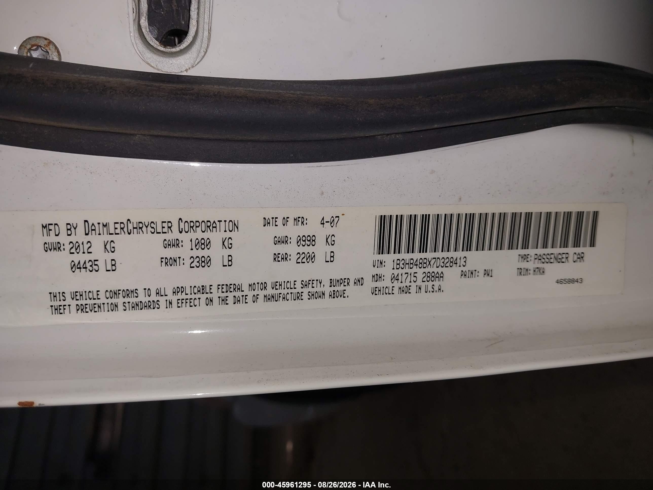 2007 Dodge Caliber Sxt White vin: 1B3HB48BX7D328413