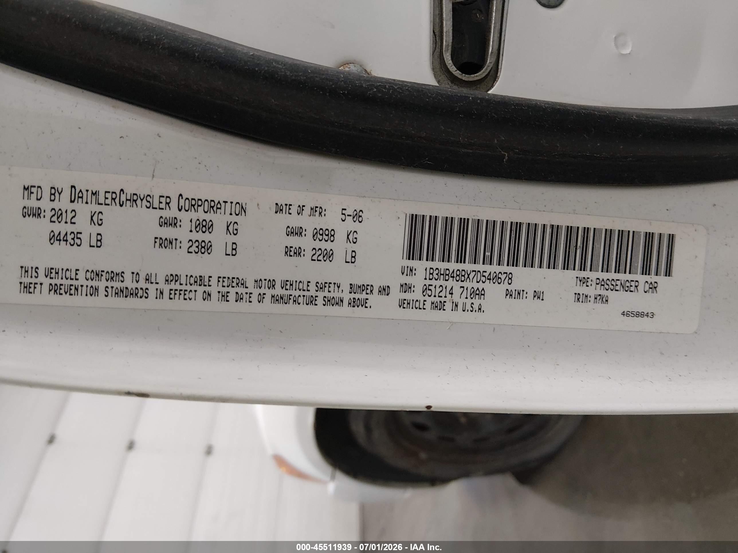 2007 Dodge Caliber Sxt White vin: 1B3HB48BX7D540678