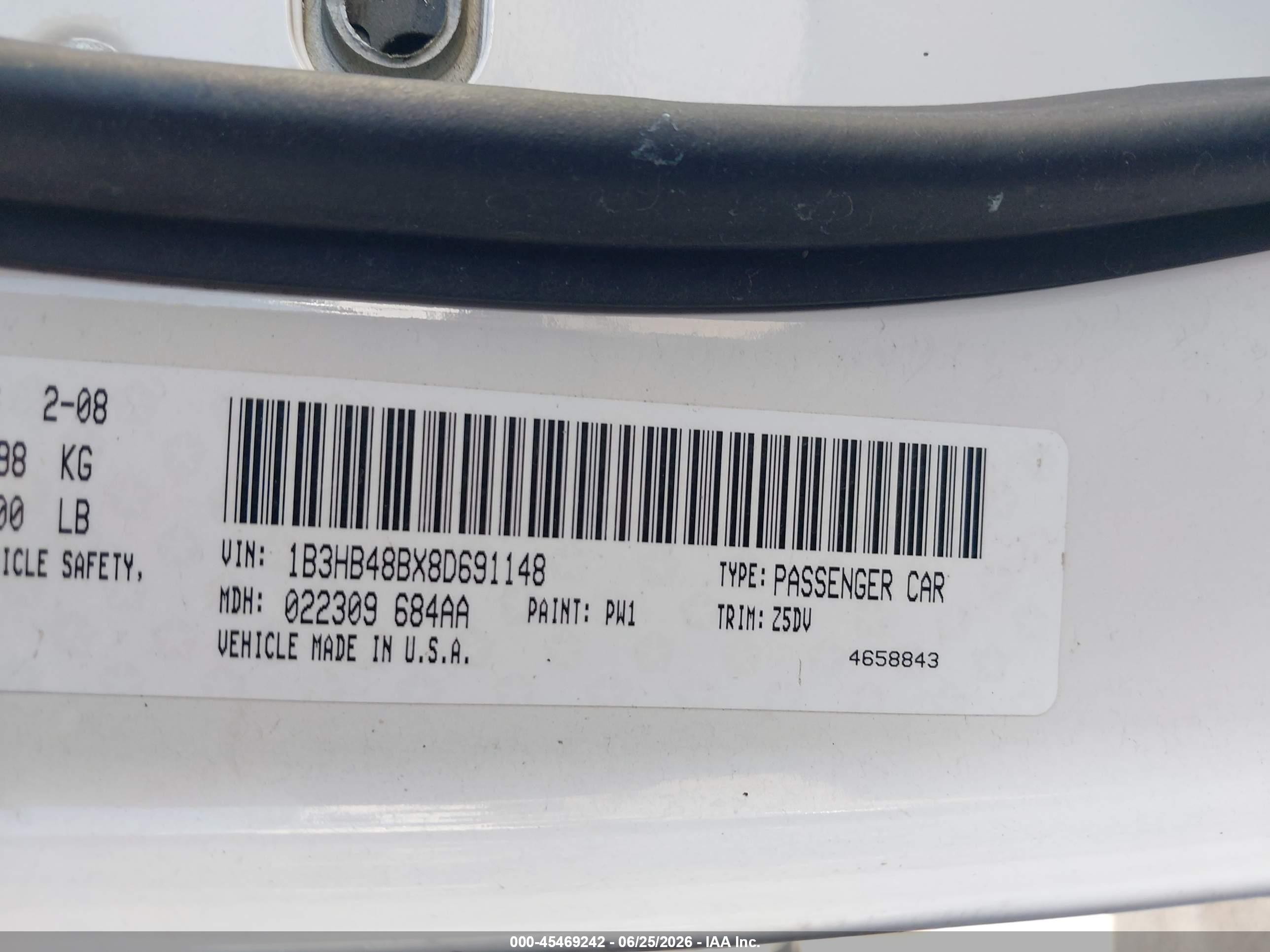 2008 Dodge Caliber Sxt White vin: 1B3HB48BX8D691148