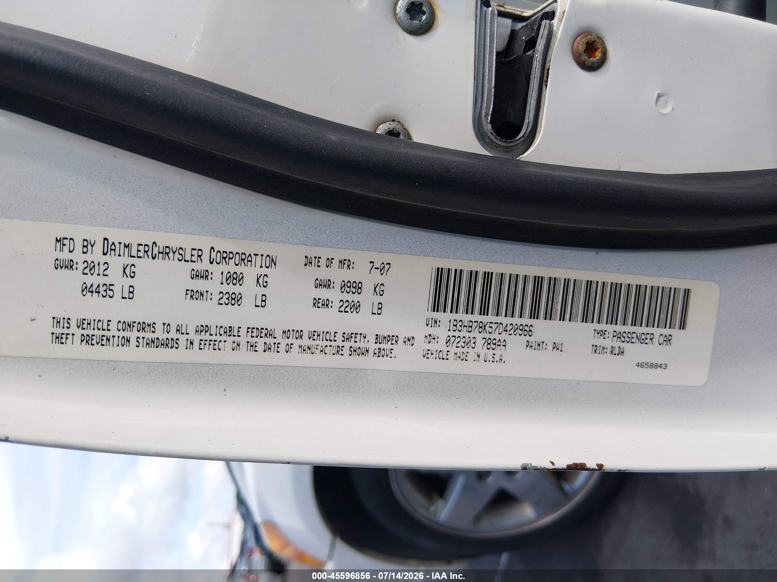 2007 Dodge Caliber R/t White vin: 1B3HB78K57D420966