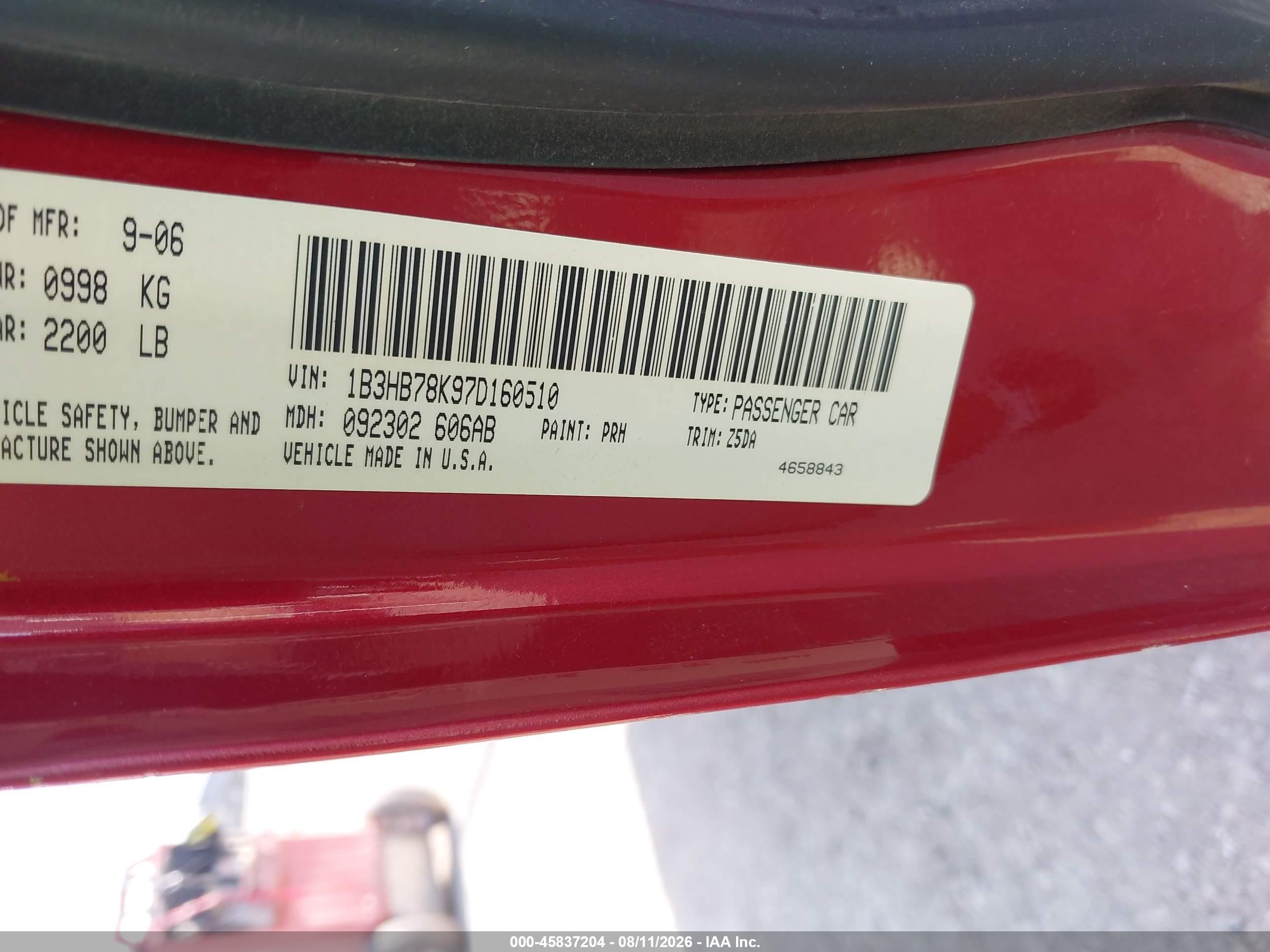 2007 Dodge Caliber R/t Red vin: 1B3HB78K97D160510