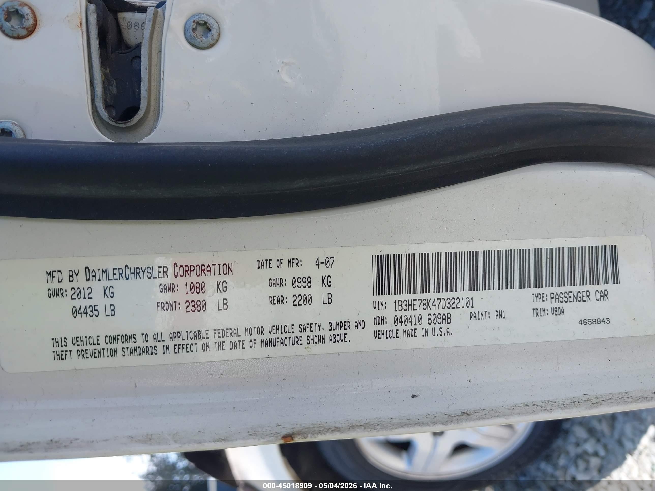 2007 Dodge Caliber R/t Белый vin: 1B3HE78K47D322101