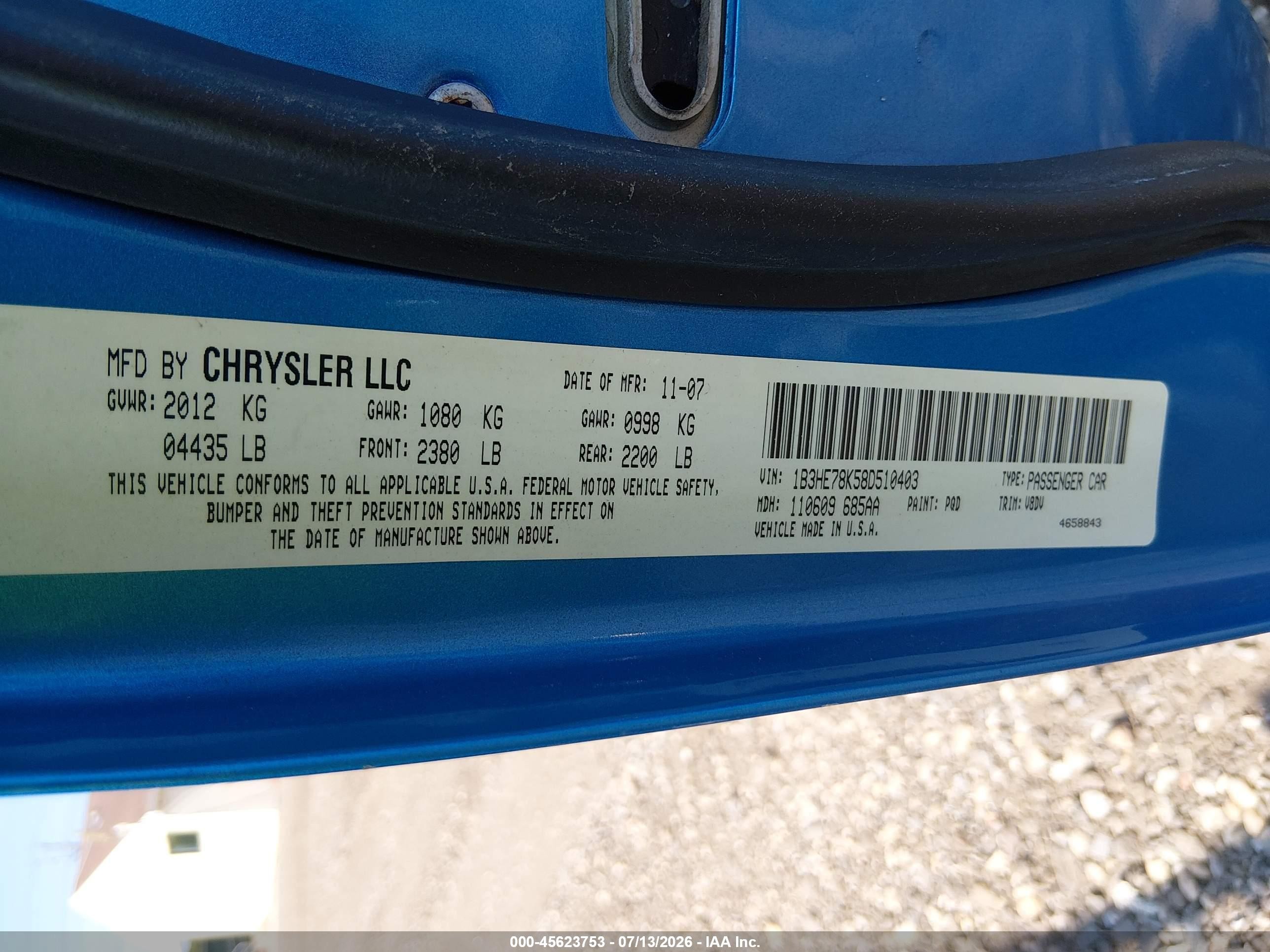 2008 Dodge Caliber R/t Blue vin: 1B3HE78K58D510403
