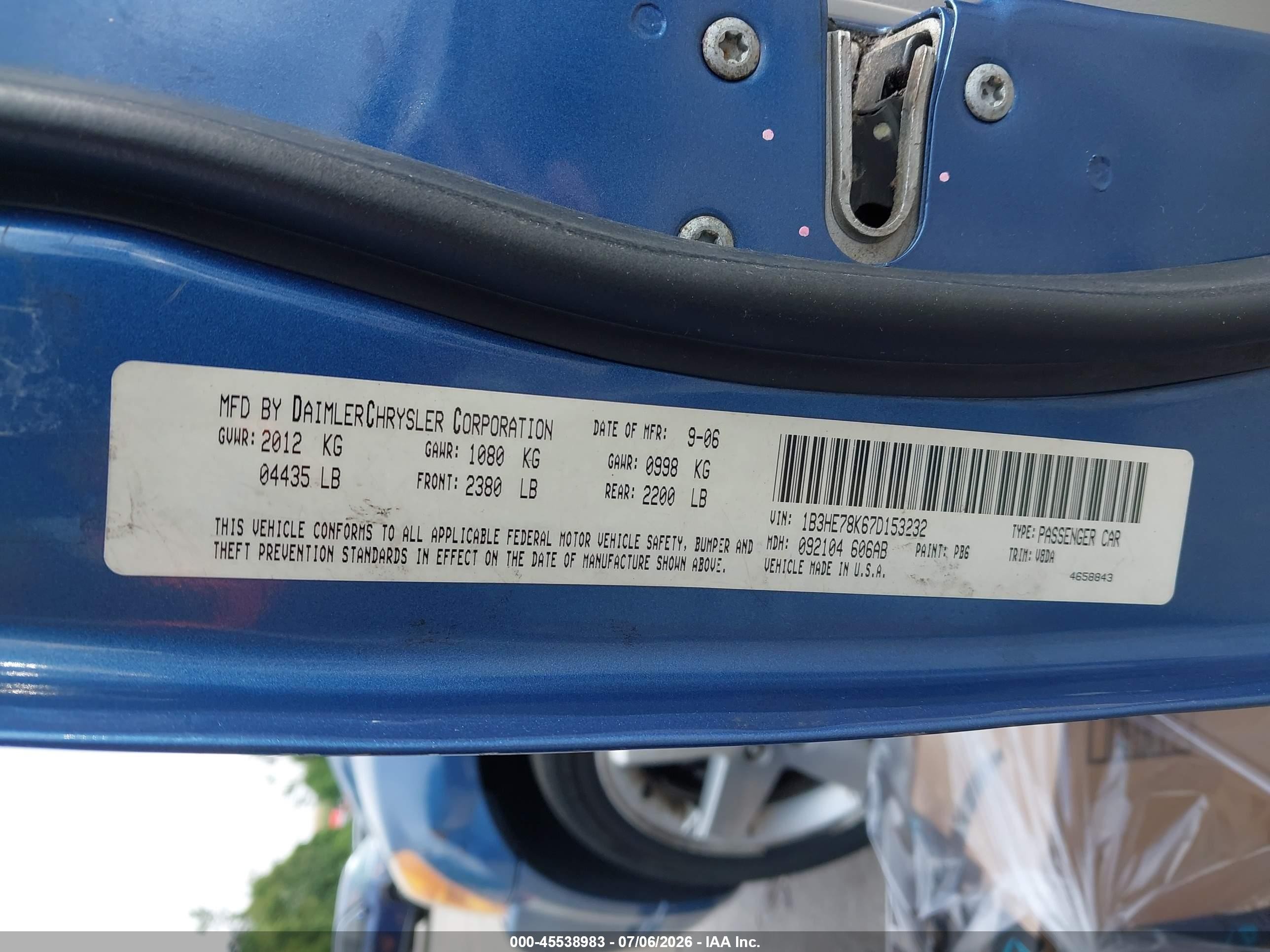 2007 Dodge Caliber R/t Blue vin: 1B3HE78K67D153232