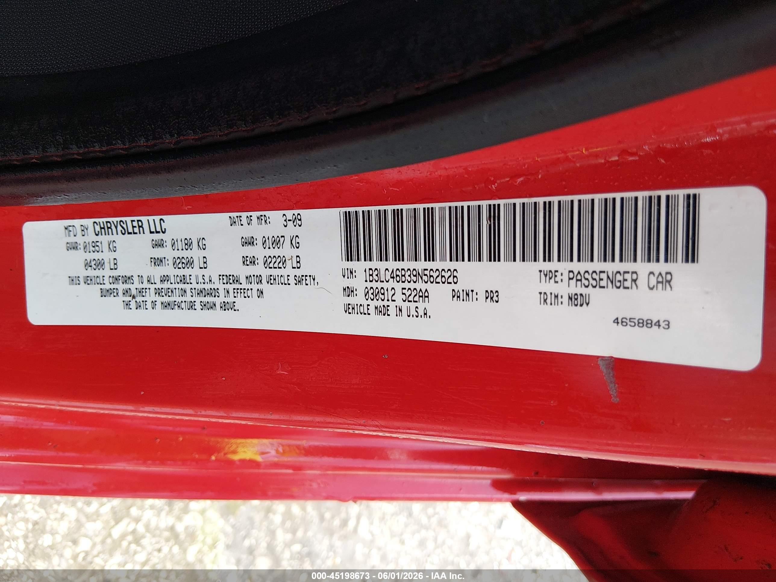 2009 Dodge Avenger Se/sxt Red vin: 1B3LC46B39N562626