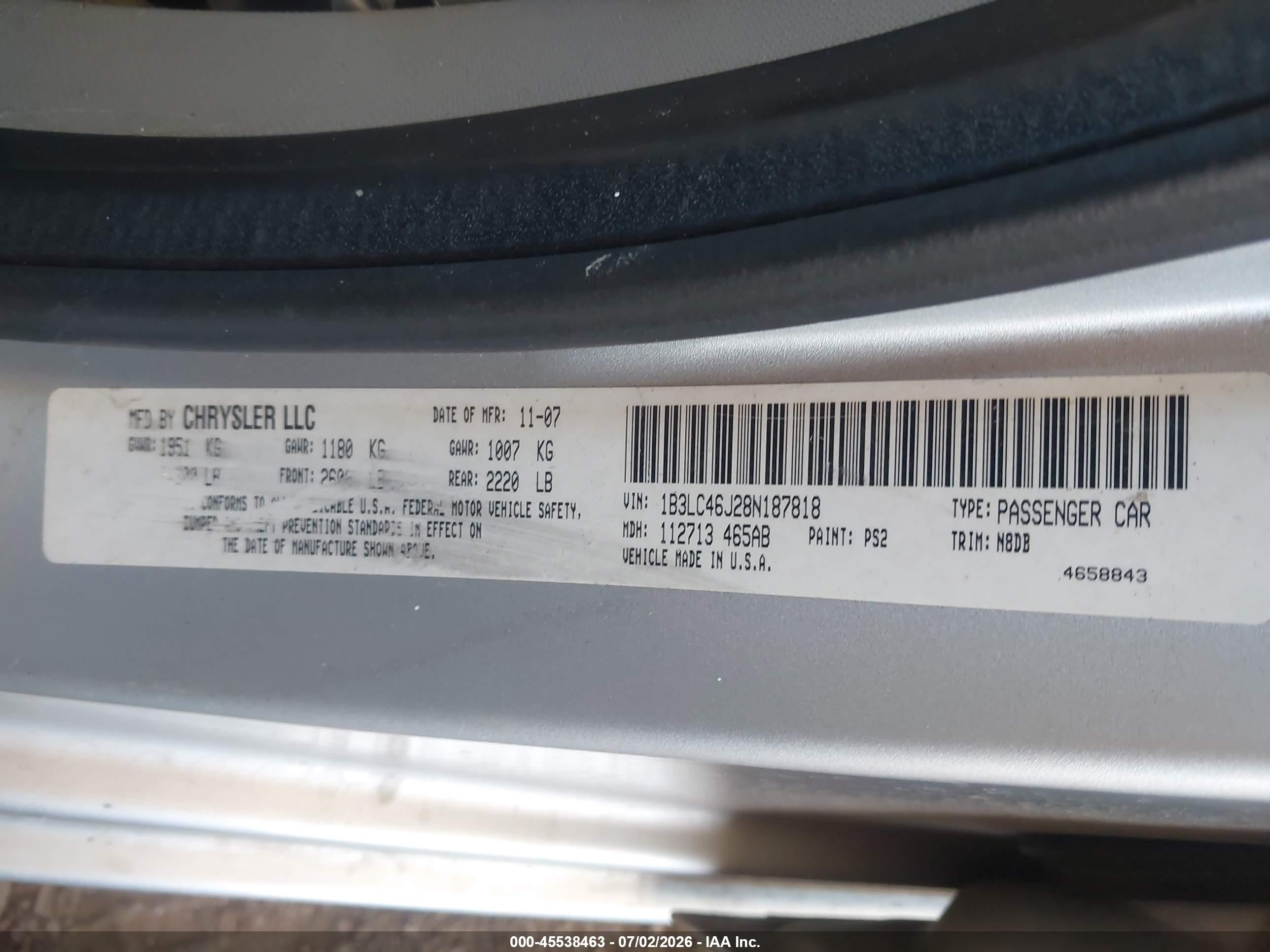 2008 Dodge Avenger Se Silver vin: 1B3LC46J28N187818