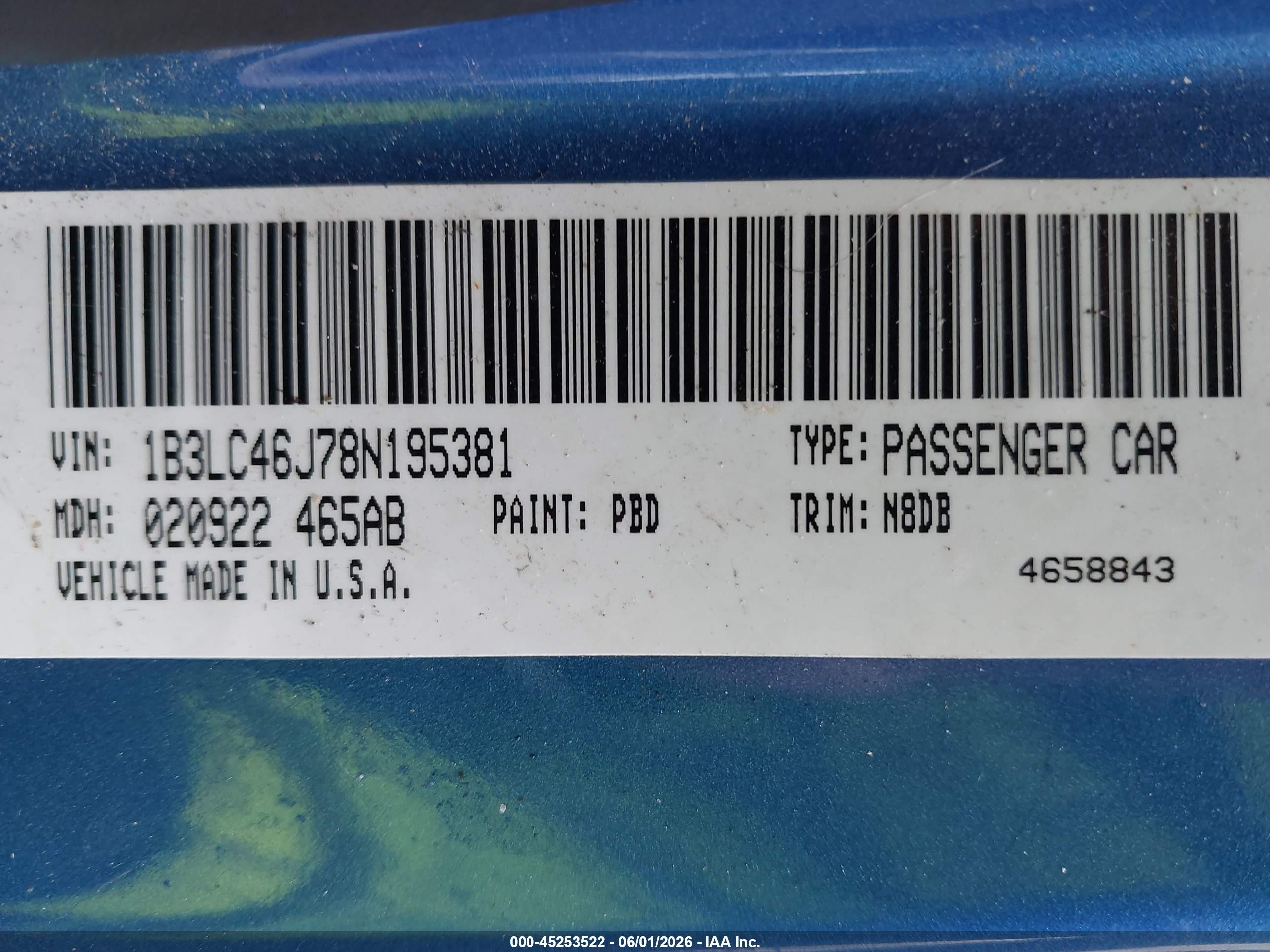 2008 Dodge Avenger Se Blue vin: 1B3LC46J78N195381