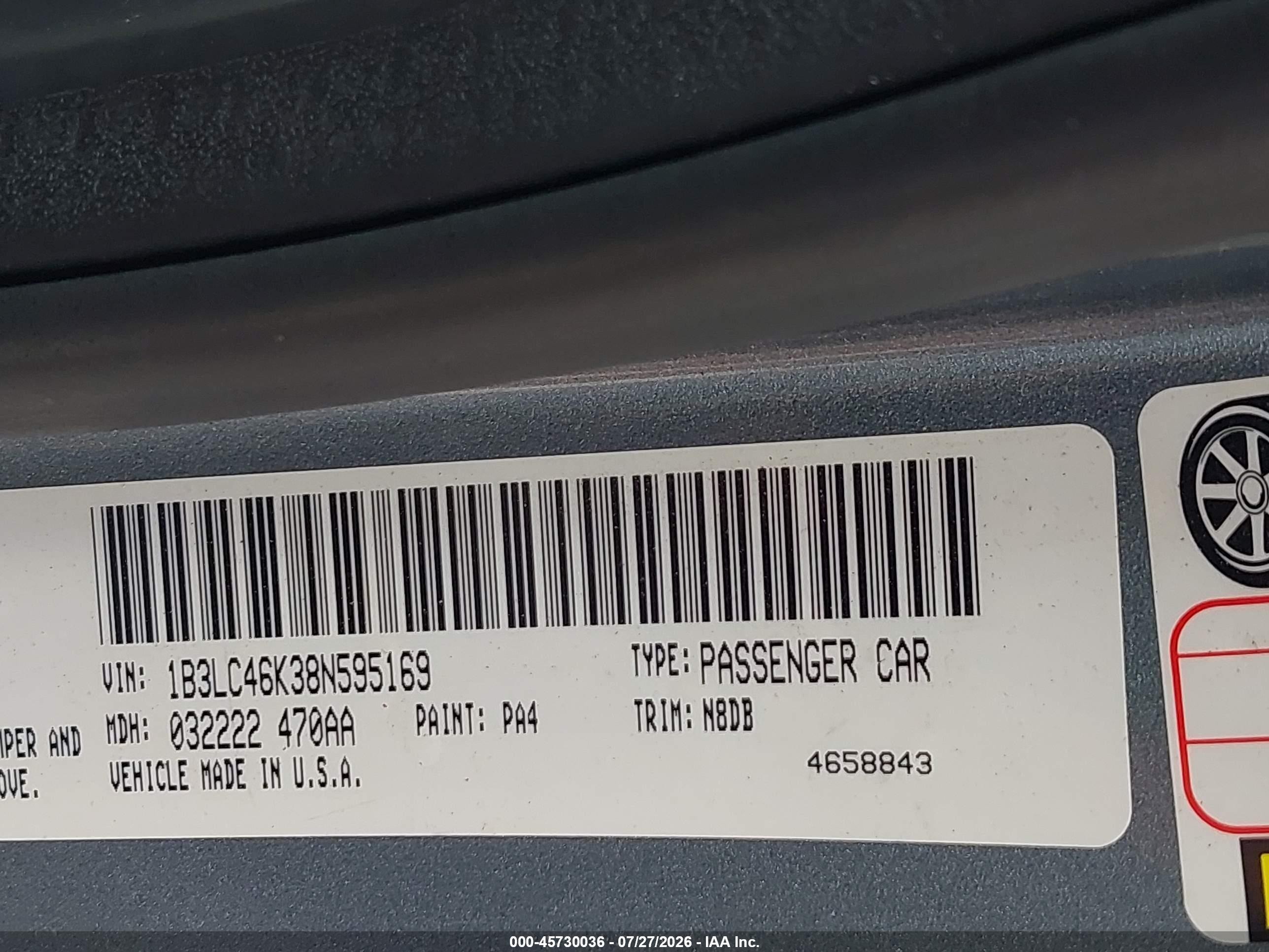 2008 Dodge Avenger Se Blue vin: 1B3LC46K38N595169