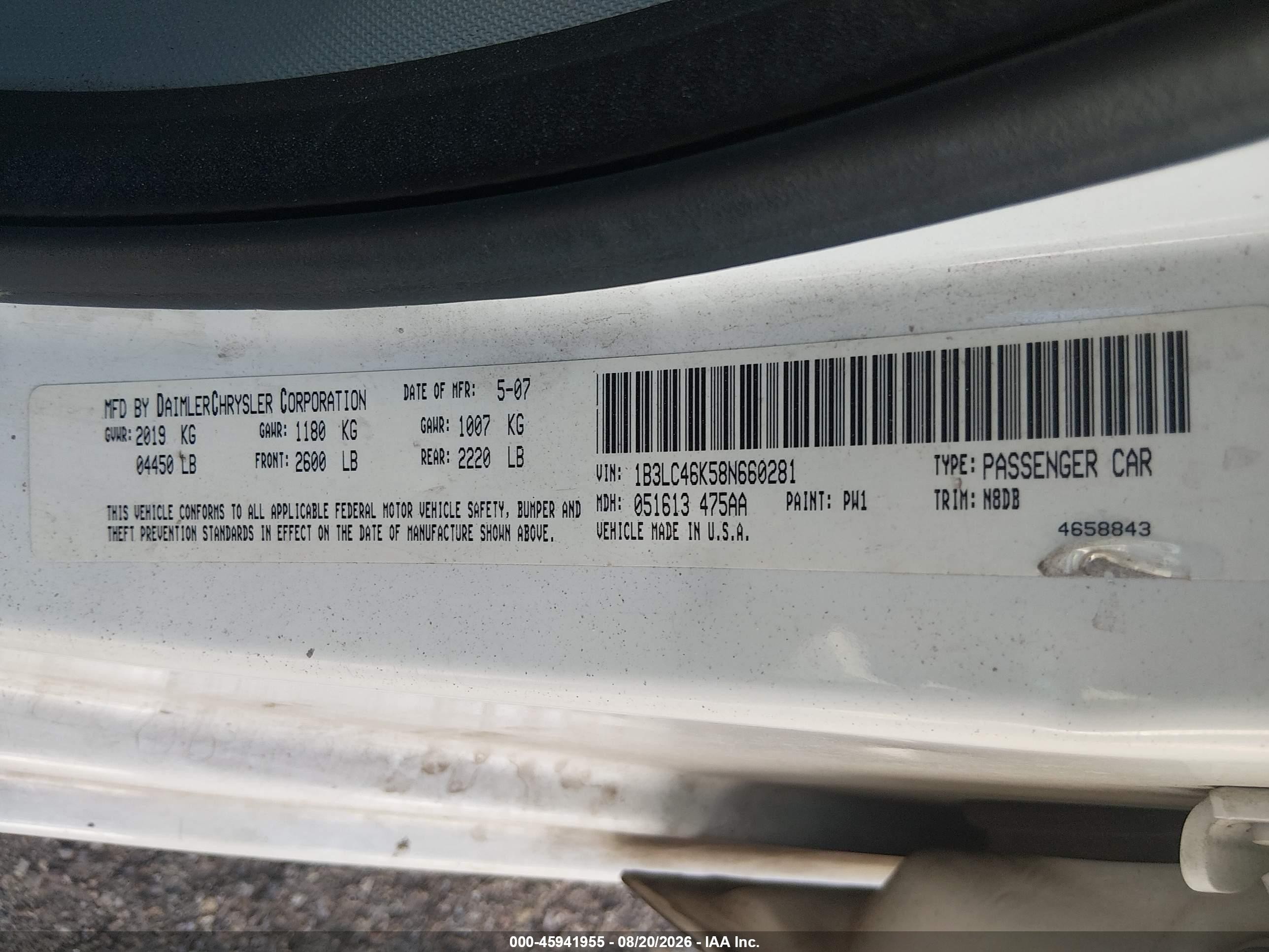 2008 Dodge Avenger Se White vin: 1B3LC46K58N660281