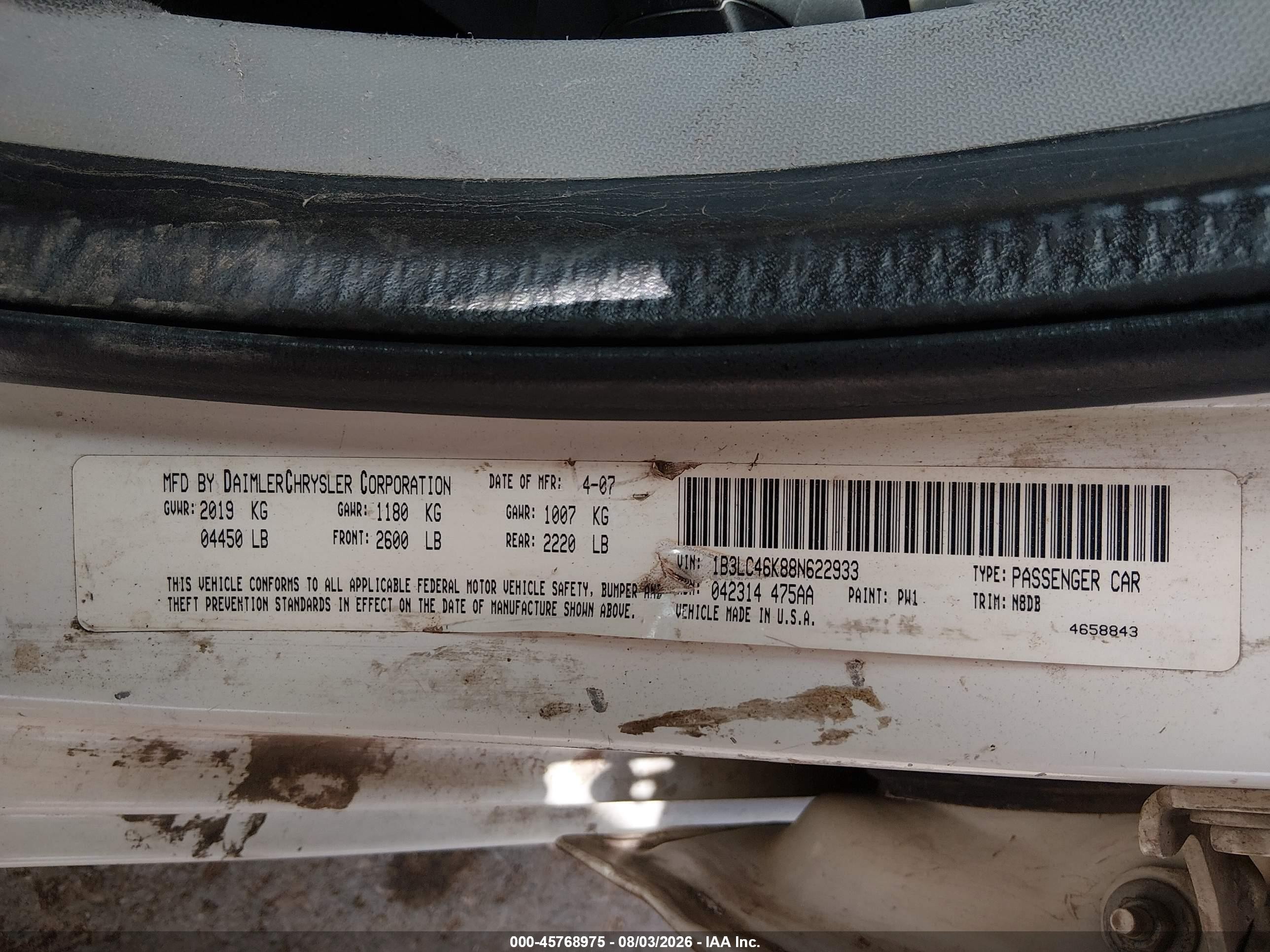 2008 Dodge Avenger Se White vin: 1B3LC46K88N622933