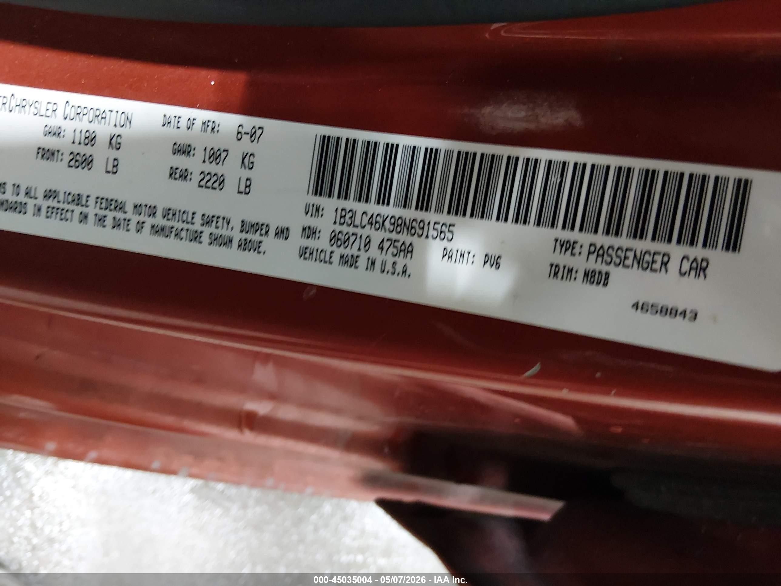 2008 Dodge Avenger Se Orange vin: 1B3LC46K98N691565