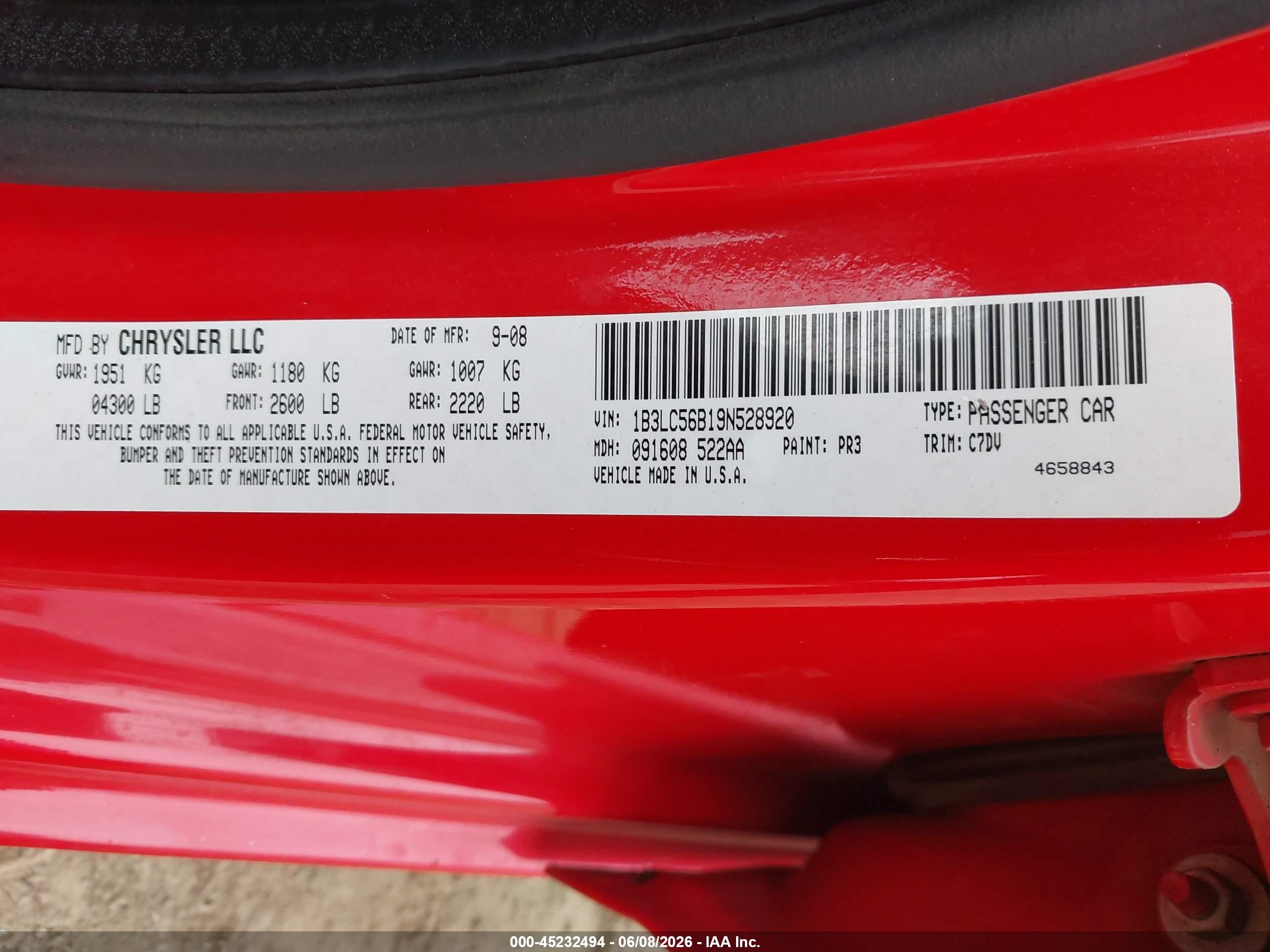 2009 Dodge Avenger R/t Red vin: 1B3LC56B19N528920