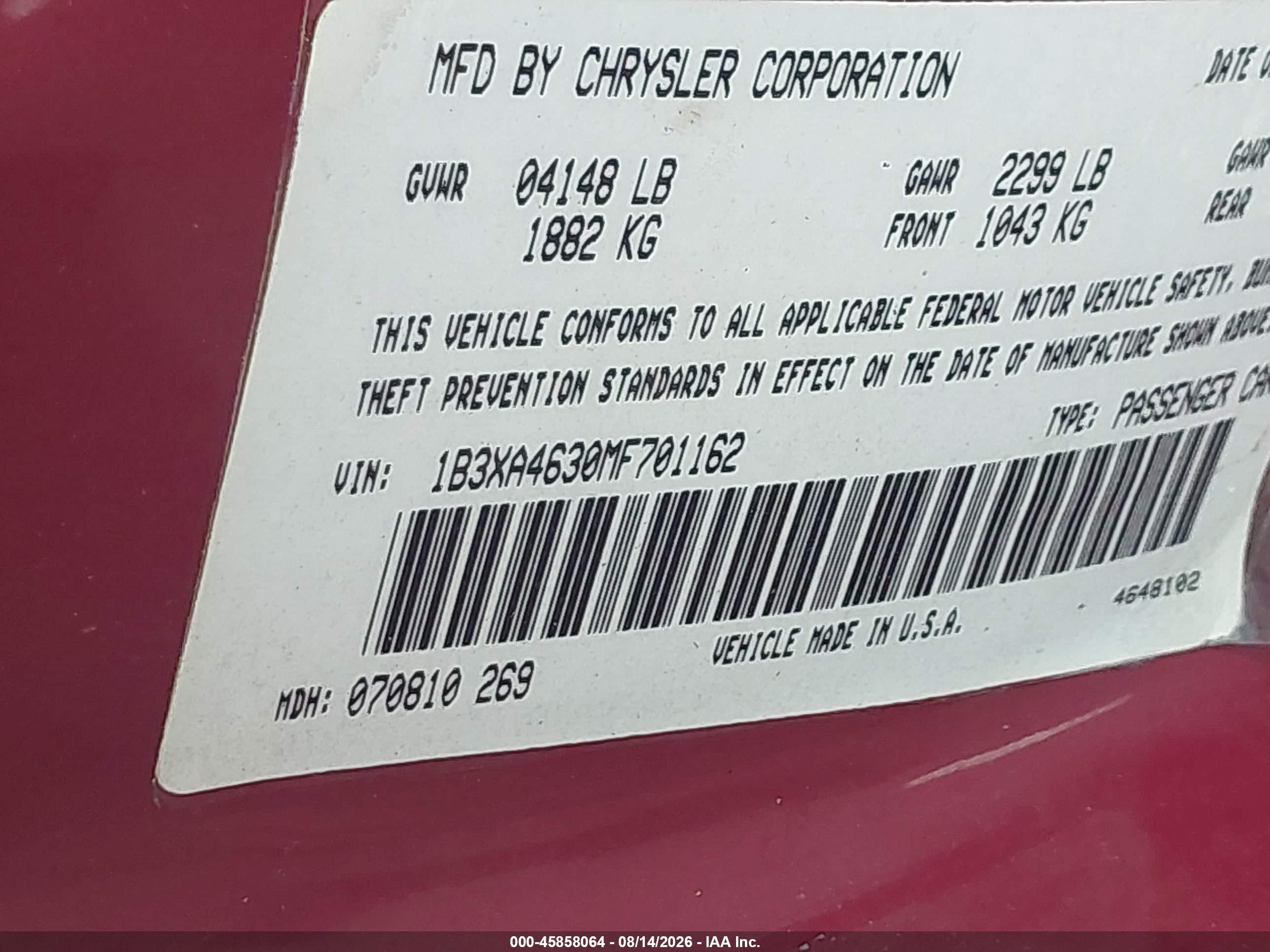 1991 Dodge Spirit   Red vin: 1B3XA4630MF701162