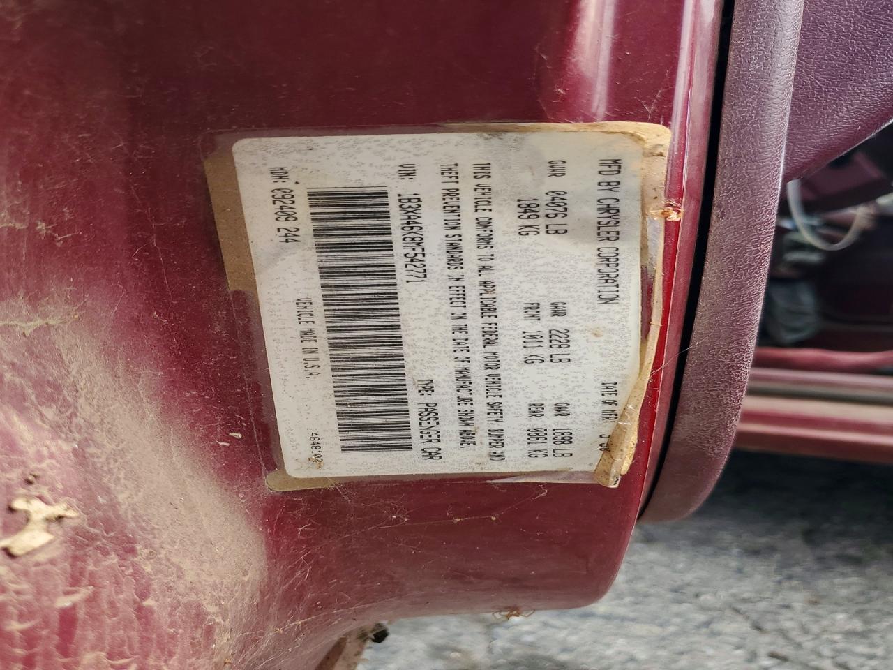 1991 Dodge Spirit Burgundy vin: 1B3XA46K8MF542771