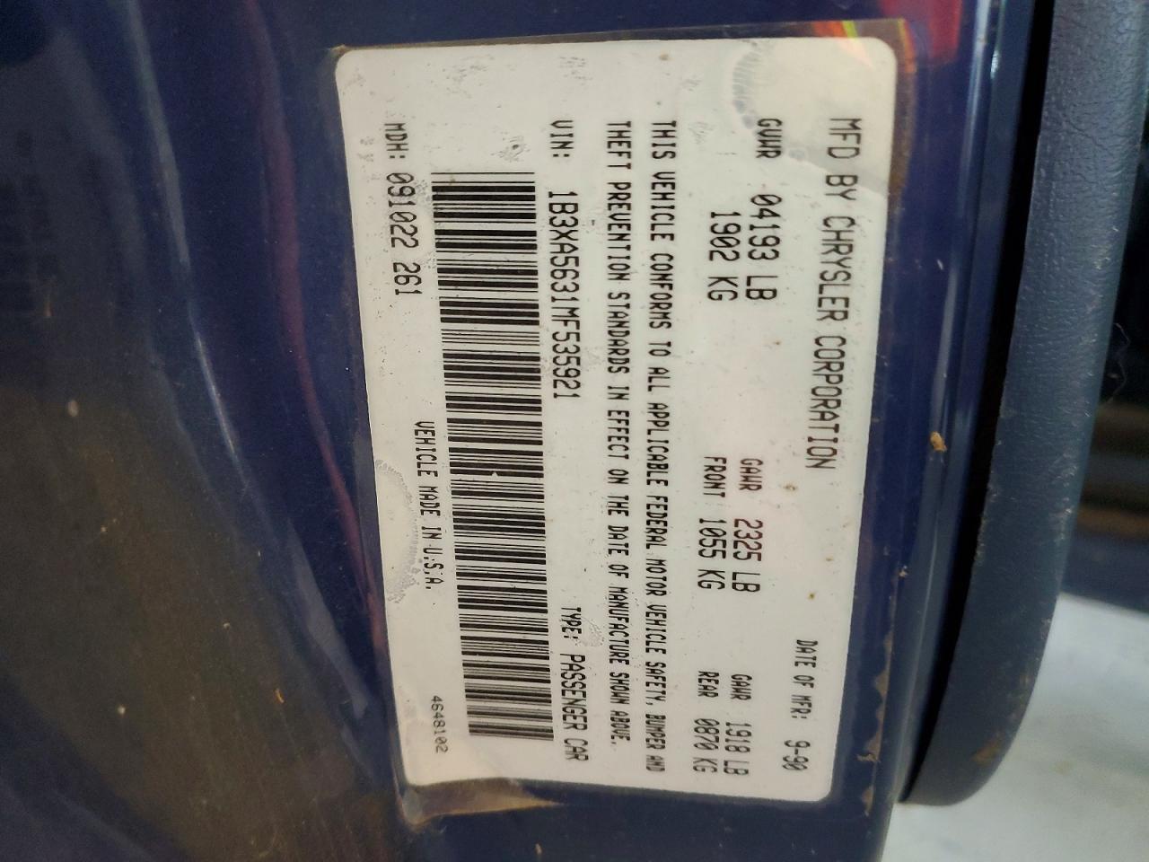 1991 Dodge Spirit Blue vin: 1B3XA5631MF535921