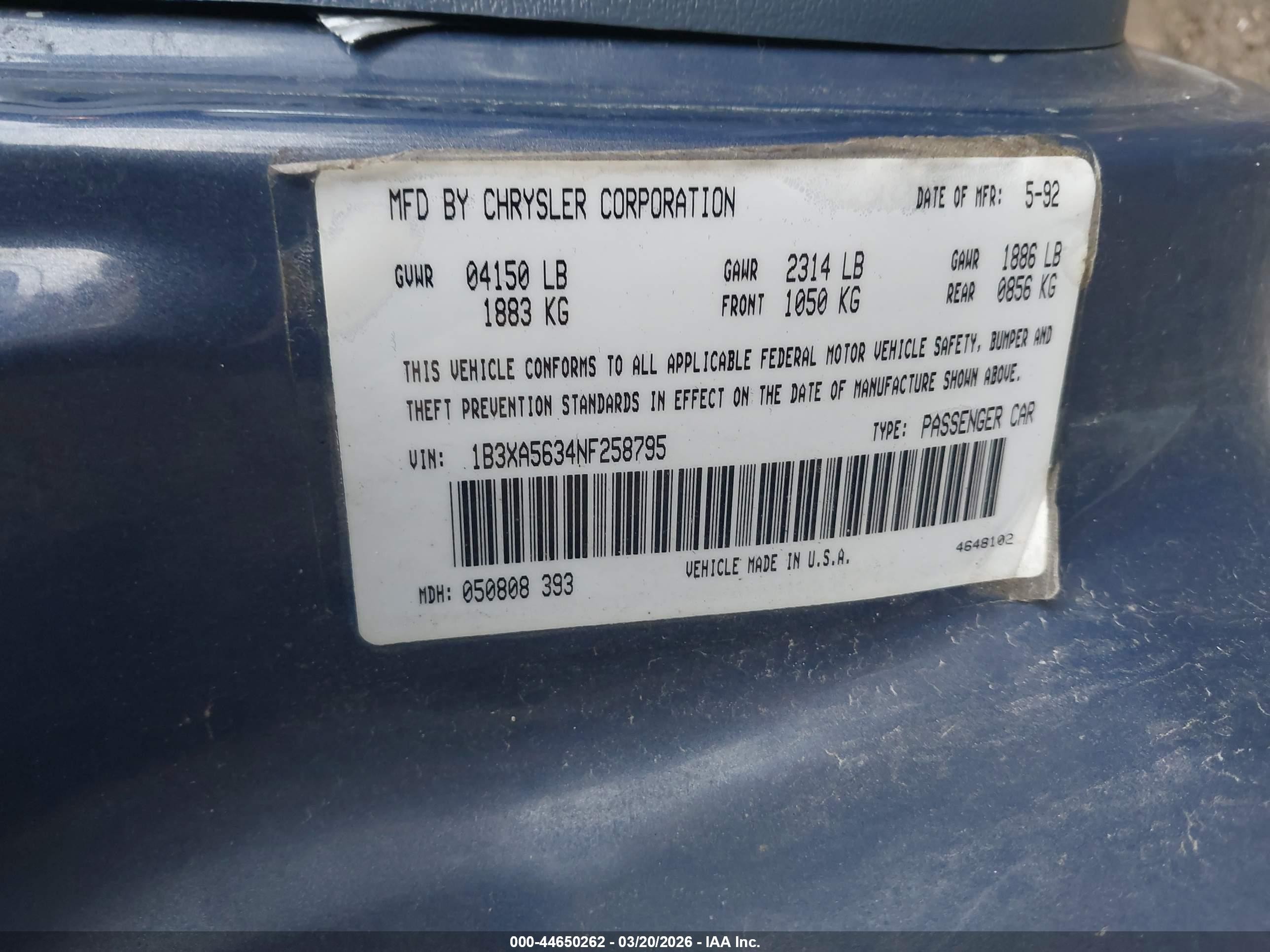 1992 Dodge Spirit Le Blue vin: 1B3XA5634NF258795