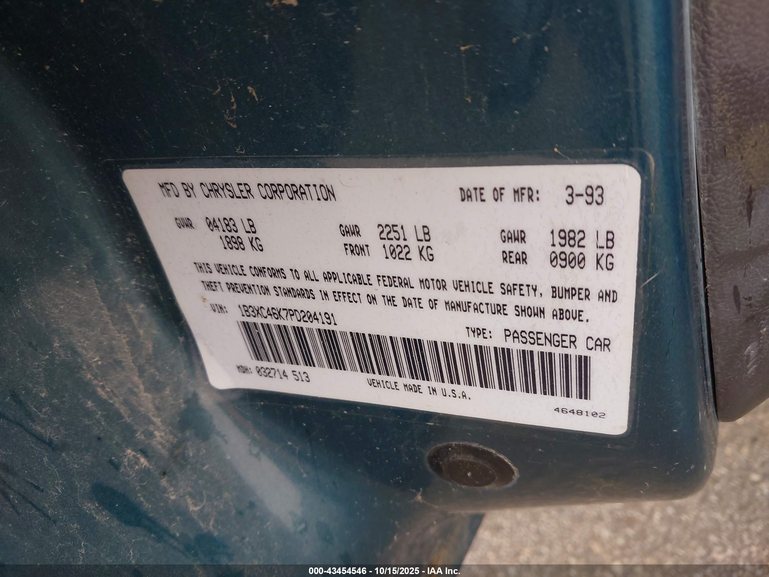 1993 Dodge Dynasty   Blue vin: 1B3XC46K7PD204191