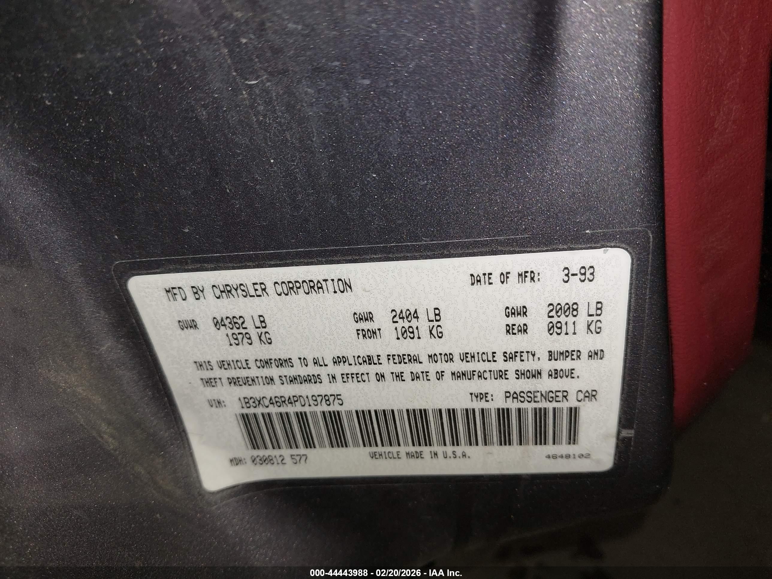 1993 Dodge Dynasty   Gray vin: 1B3XC46R4PD197875