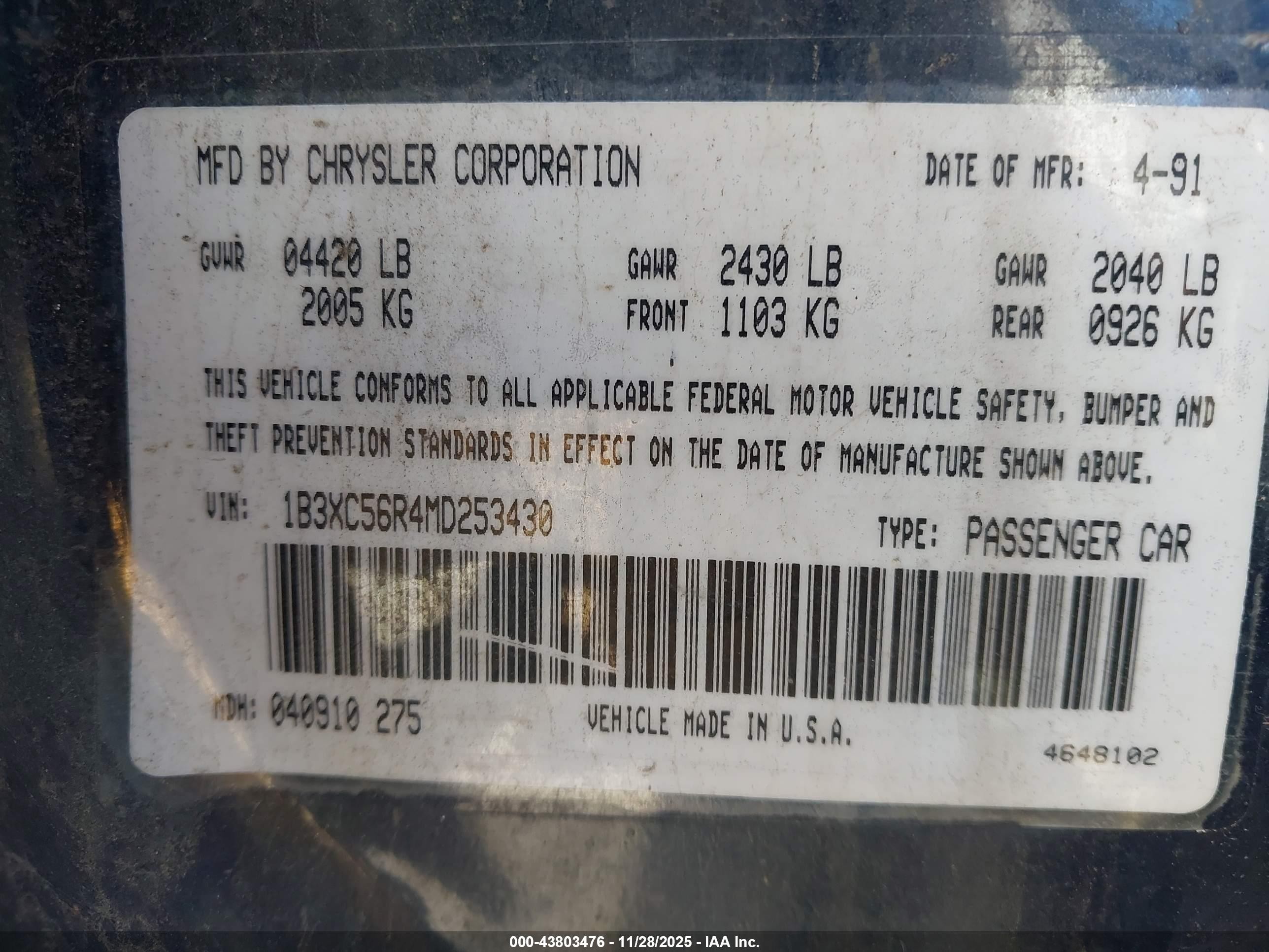 1991 Dodge Dynasty Le Blue vin: 1B3XC56R4MD253430