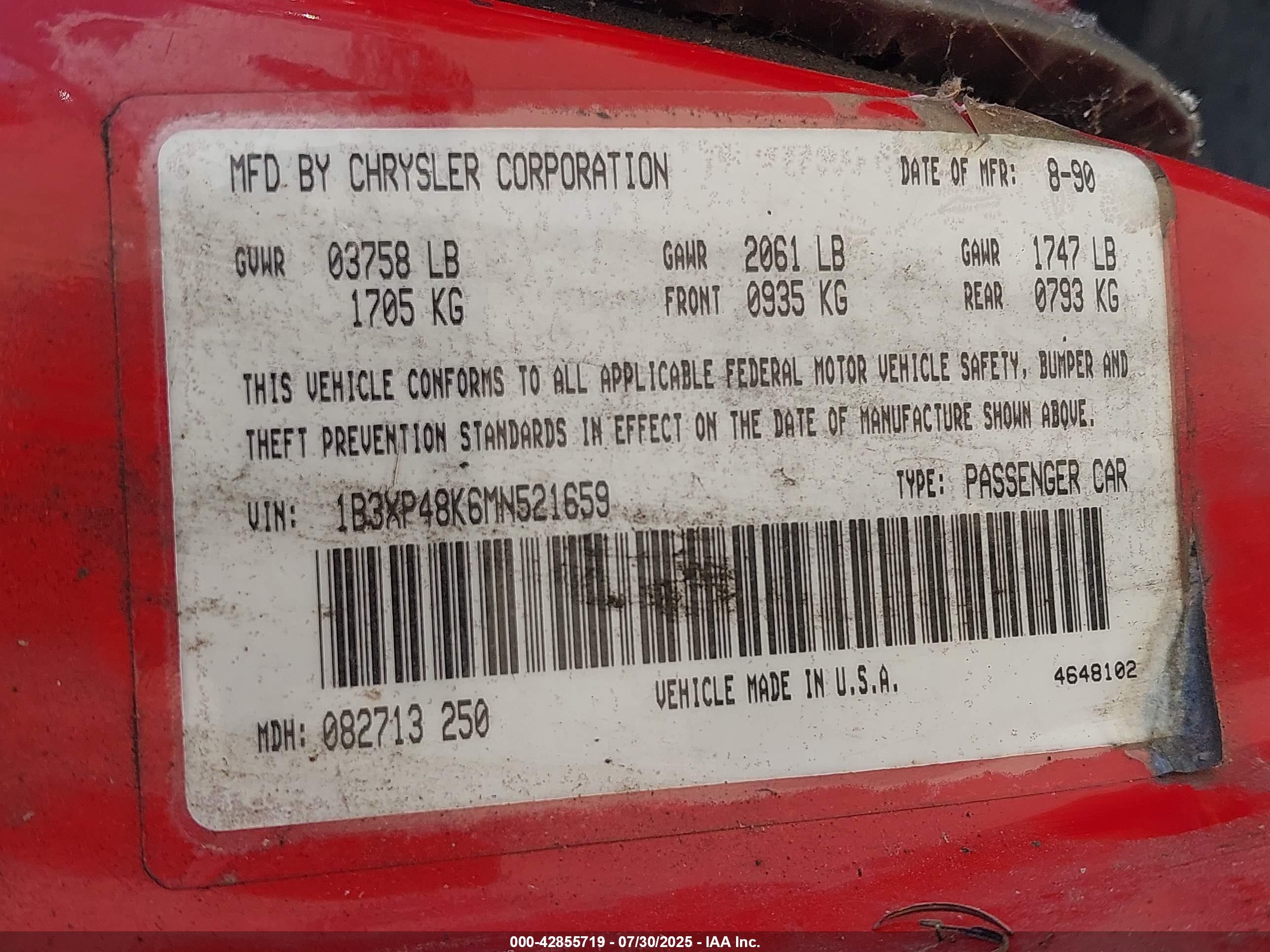 1991 Dodge Shadow   Red vin: 1B3XP48K6MN521659