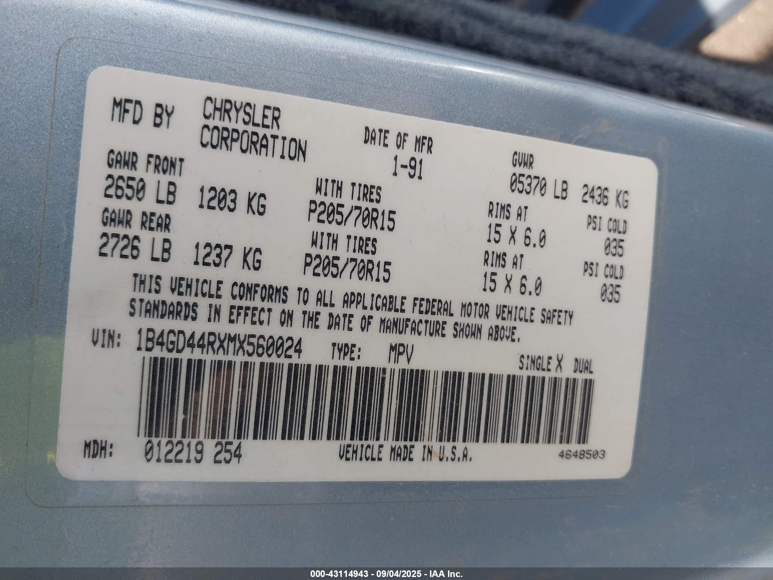 1991 Dodge Grand Caravan Se Blue vin: 1B4GD44RXMX560024