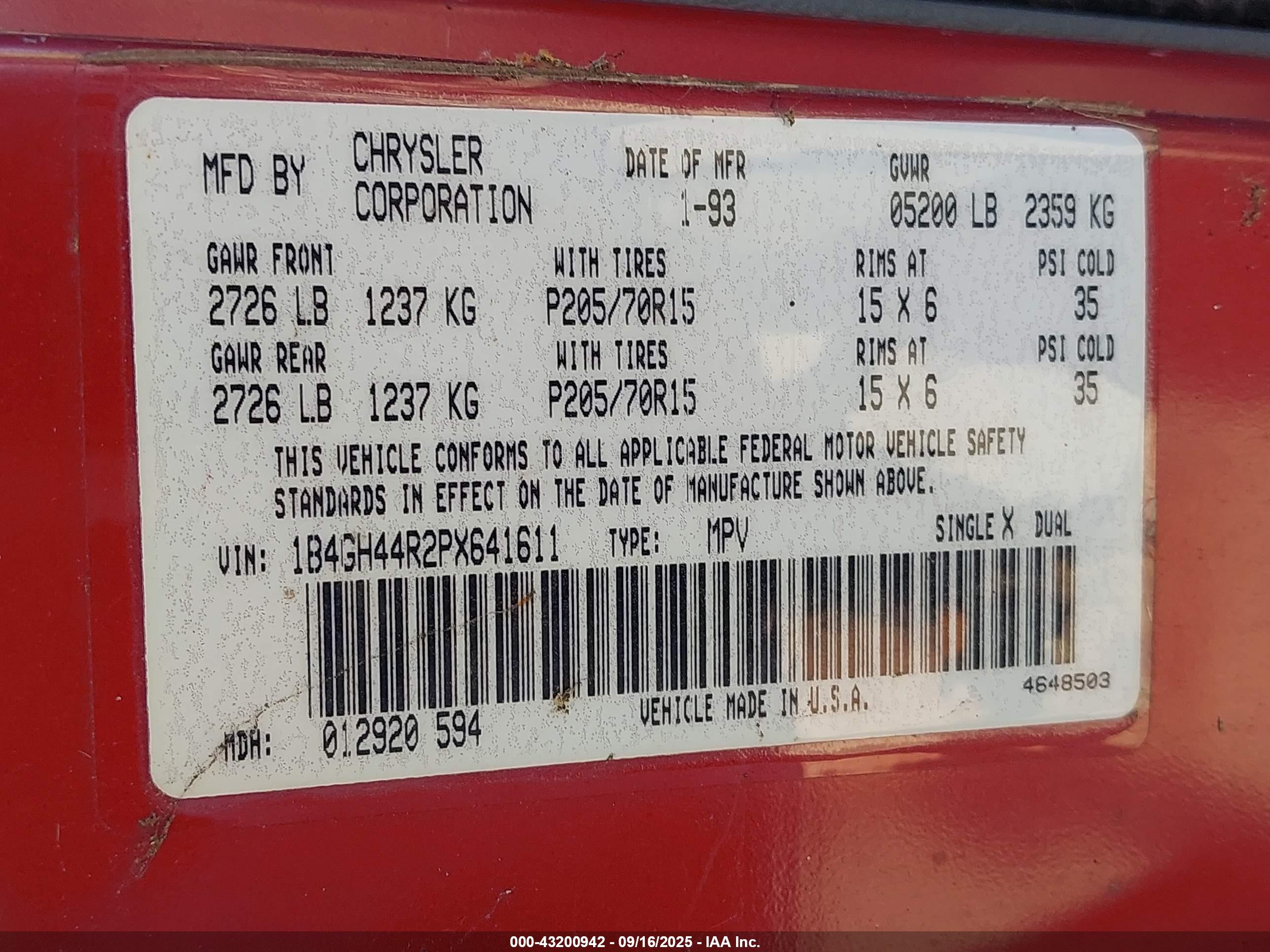 1993 Dodge Grand Caravan Se Red vin: 1B4GH44R2PX641611