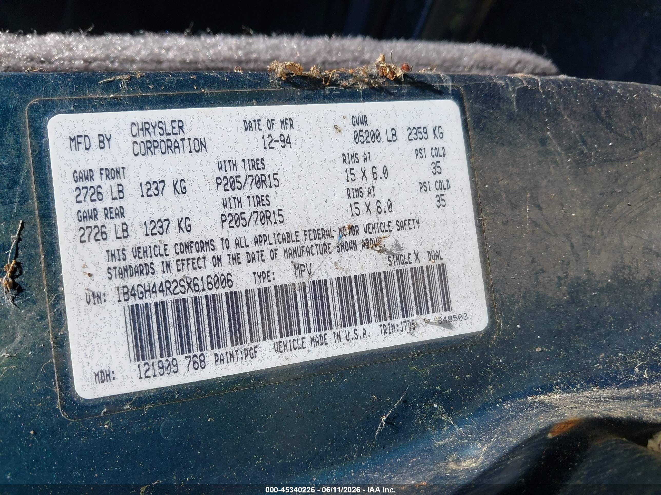 1995 Dodge Grand Caravan Se Green vin: 1B4GH44R2SX616006