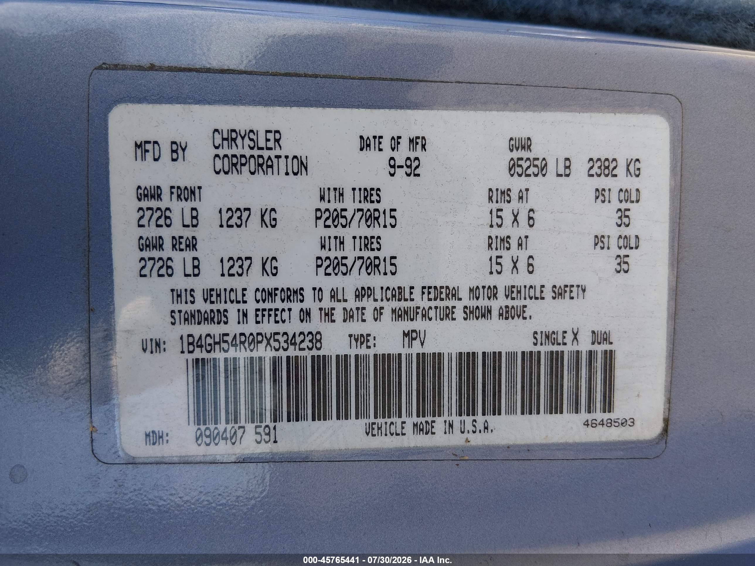 1993 Dodge Grand Caravan Le/es Purple vin: 1B4GH54R0PX534238