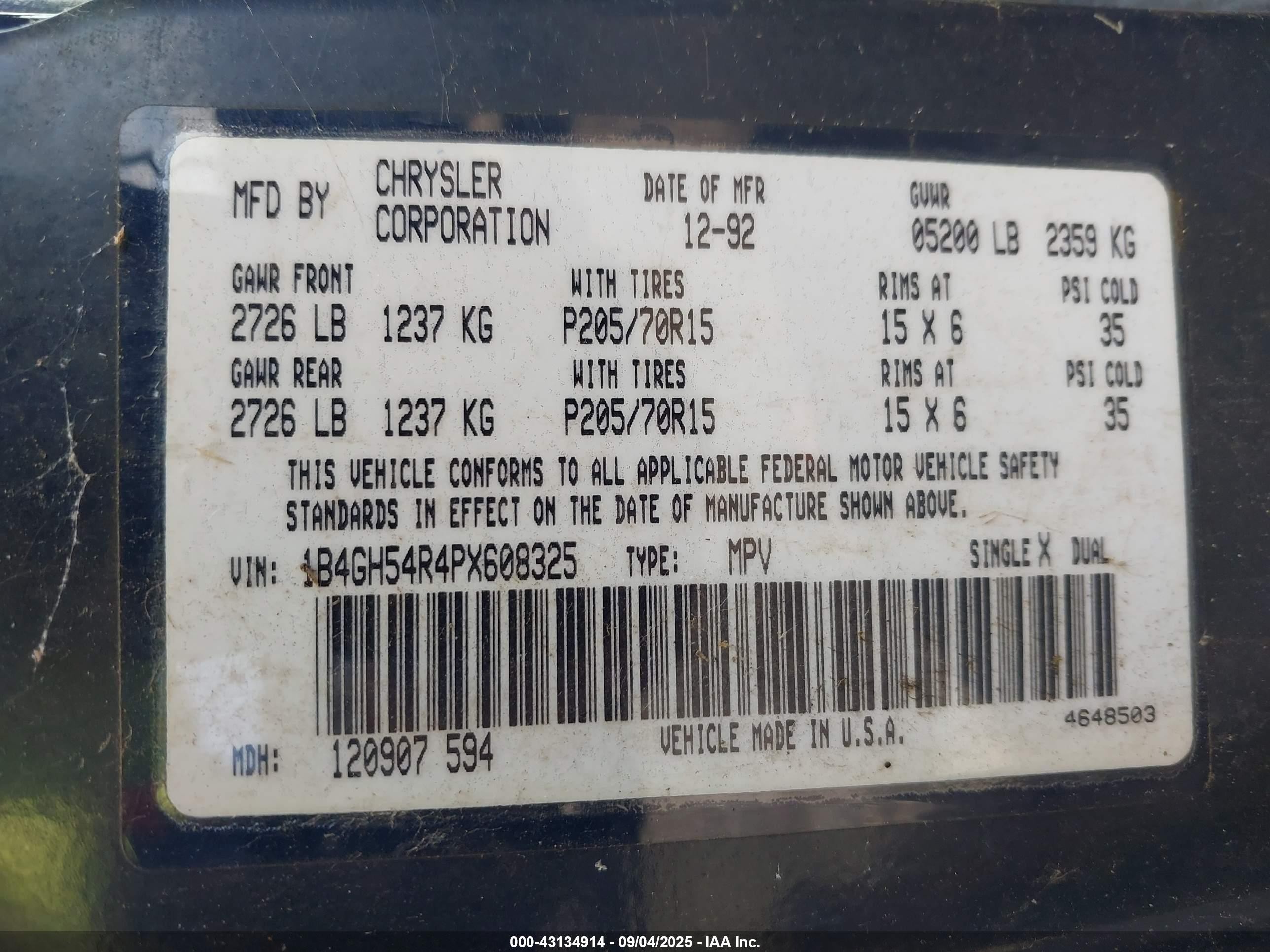 1993 Dodge Grand Caravan Le/es Blue vin: 1B4GH54R4PX608325
