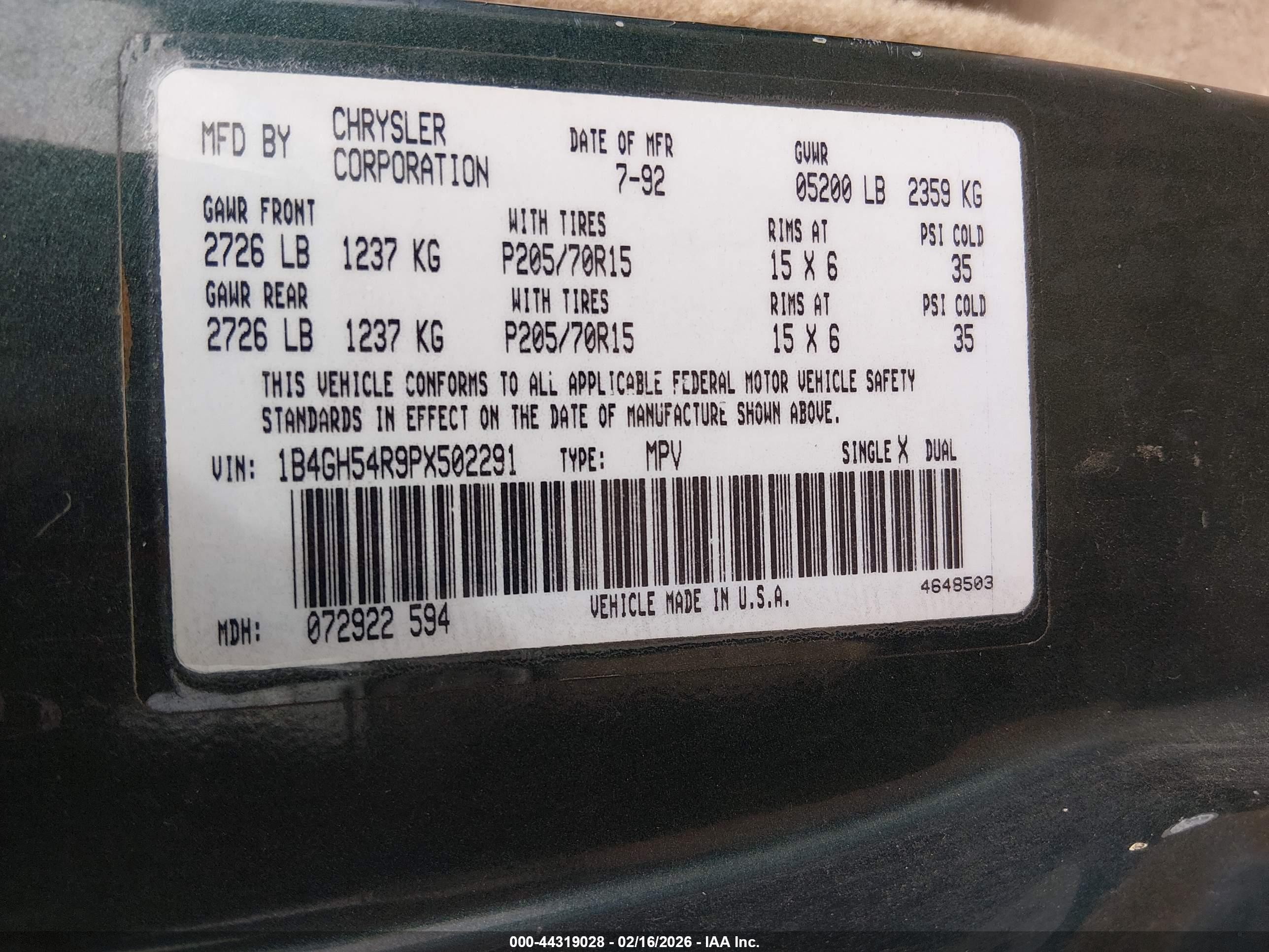 1993 Dodge Grand Caravan Le/es Green vin: 1B4GH54R9PX502291