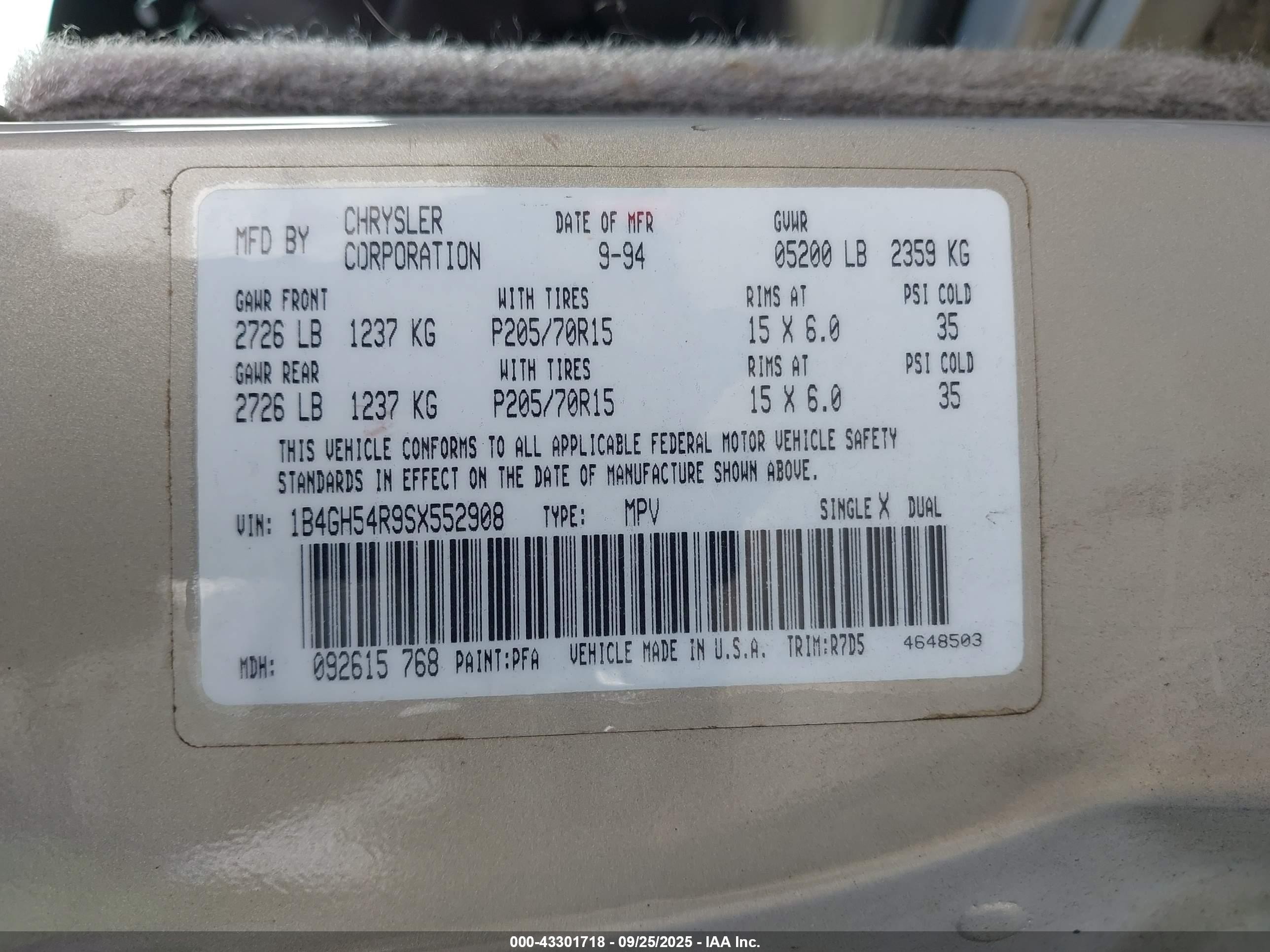 1995 Dodge Grand Caravan Le/es Gray vin: 1B4GH54R9SX552908