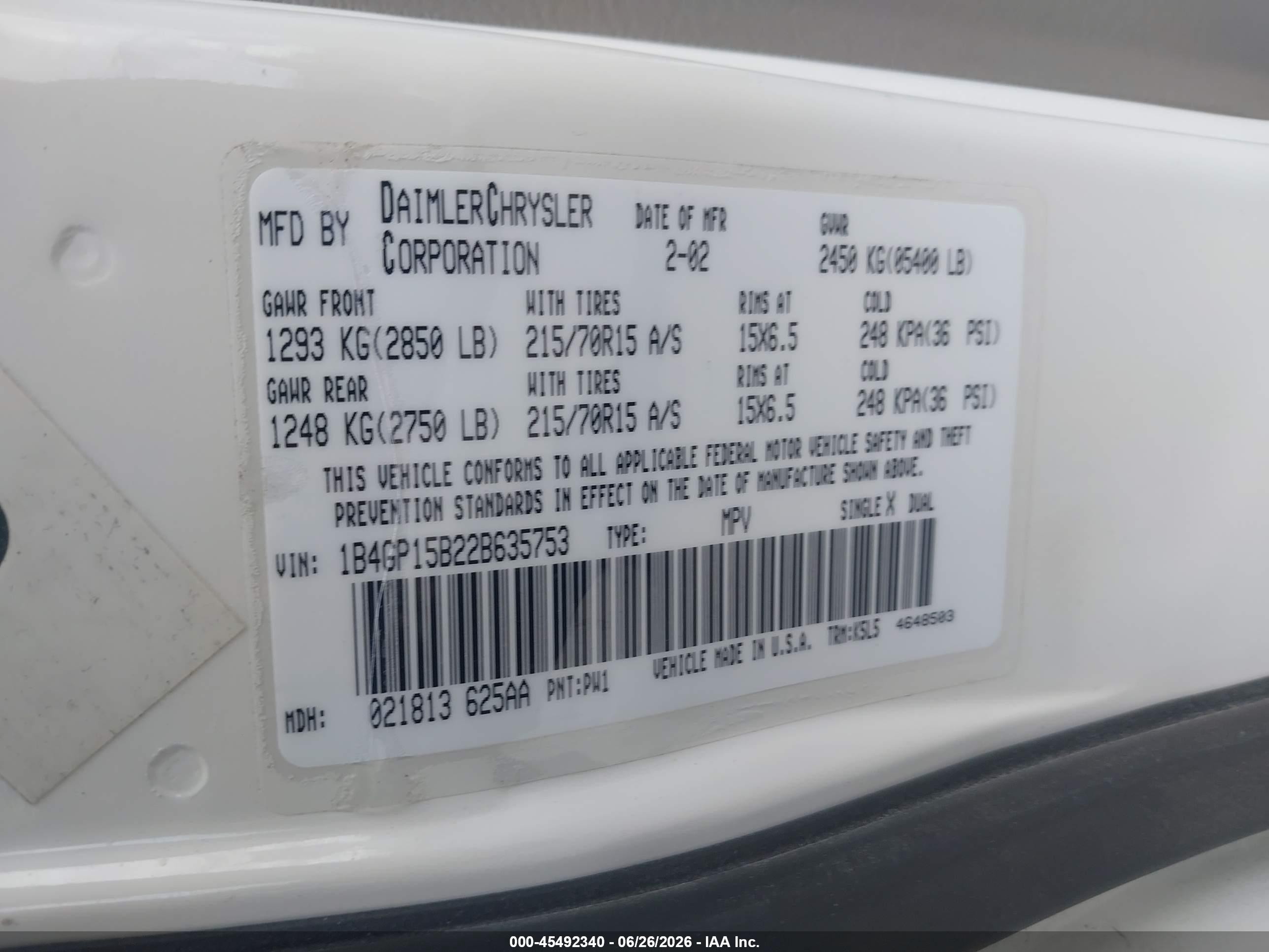2002 Dodge Caravan Ec White vin: 1B4GP15B22B635753