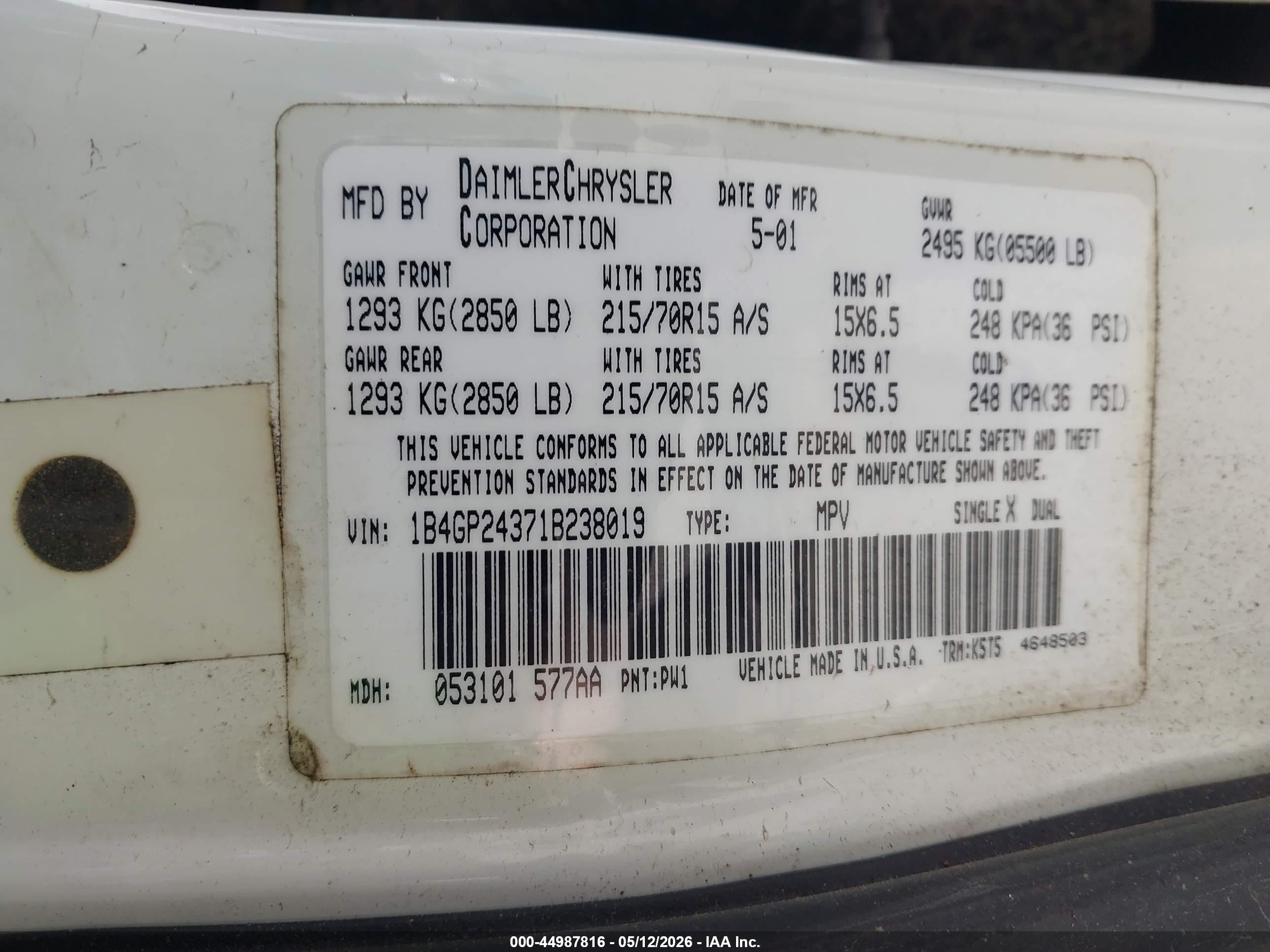 2001 Dodge Grand Caravan Se White vin: 1B4GP24371B238019