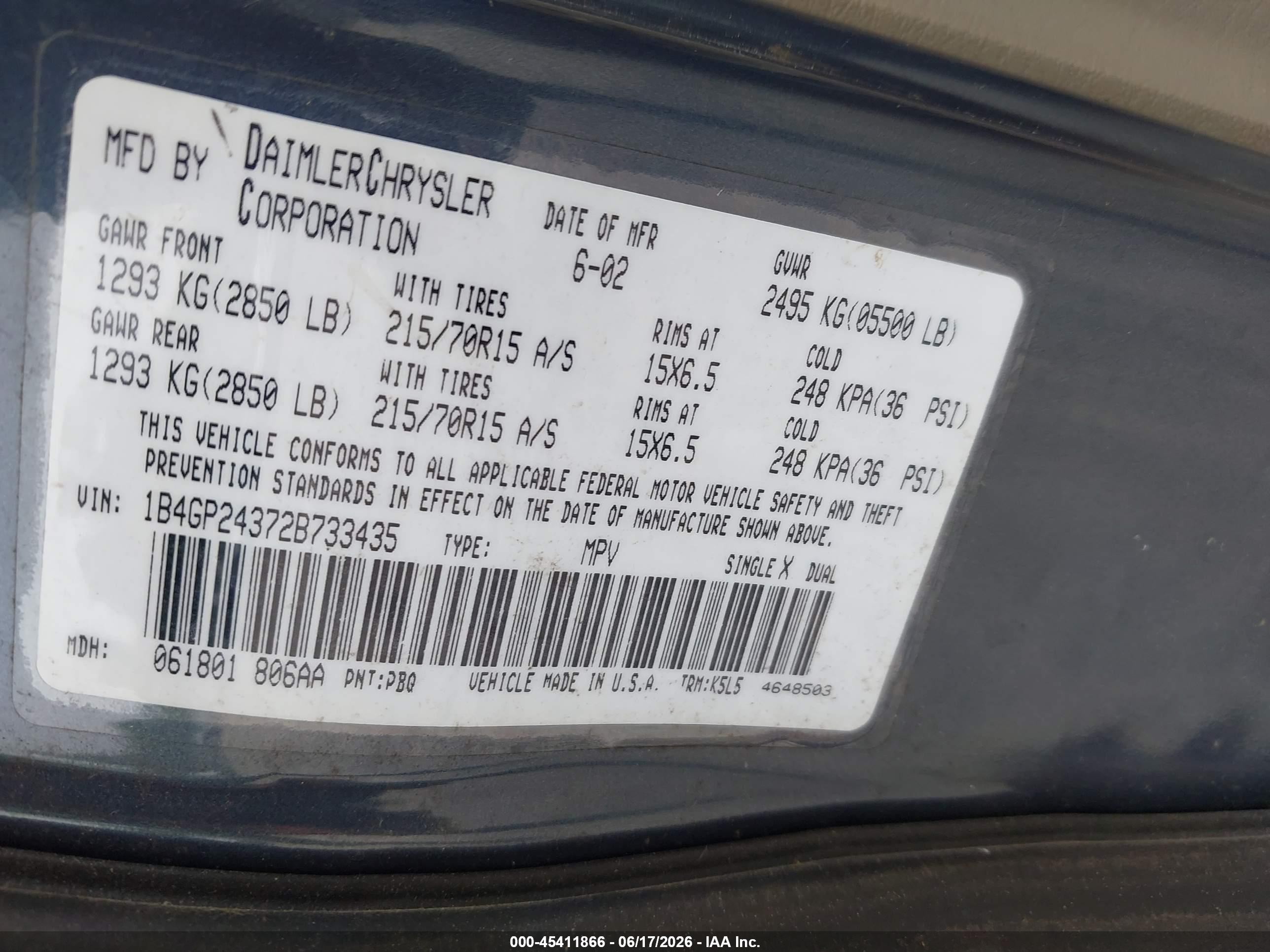 2002 Dodge Grand Caravan Se Blue vin: 1B4GP24372B733435