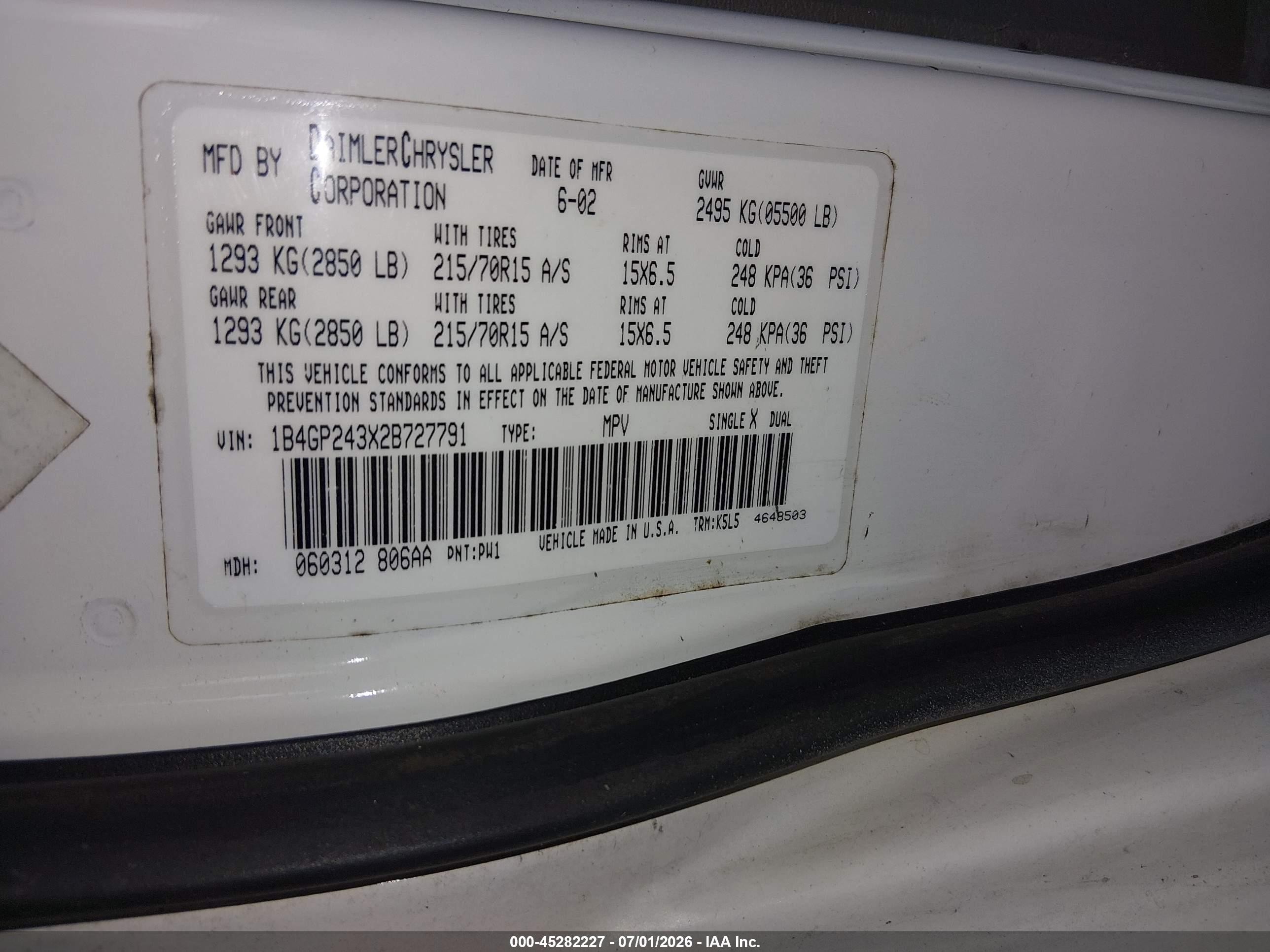 2002 Dodge Grand Caravan Se Белый vin: 1B4GP243X2B727791