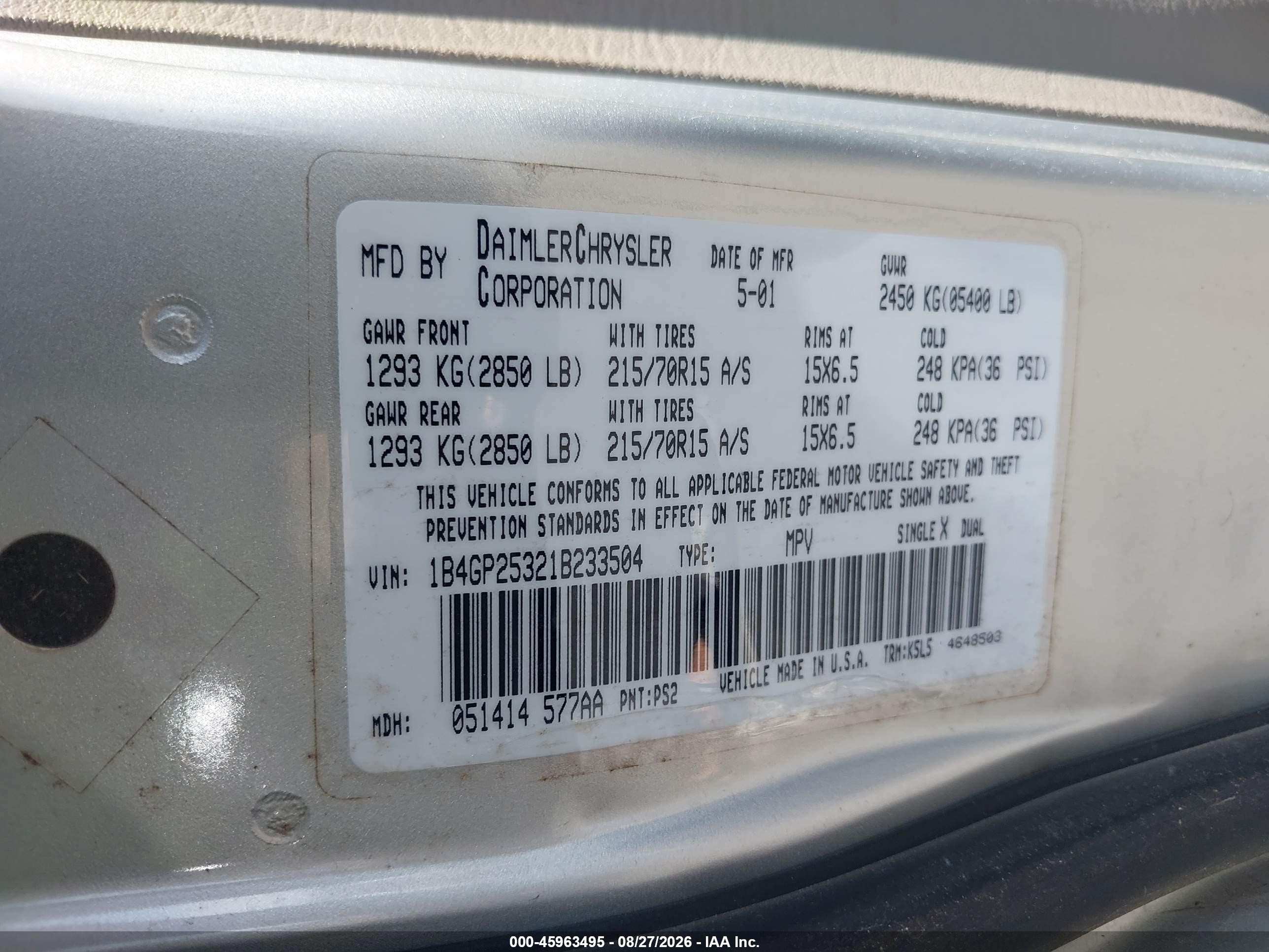 2001 Dodge Caravan Se Silver vin: 1B4GP25321B233504