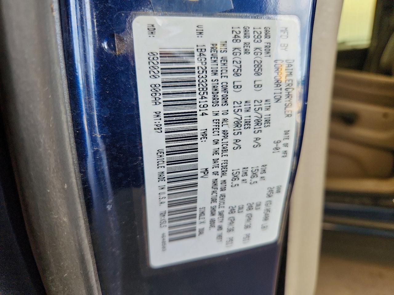 2002 Dodge Caravan Se Blue vin: 1B4GP25332B541914