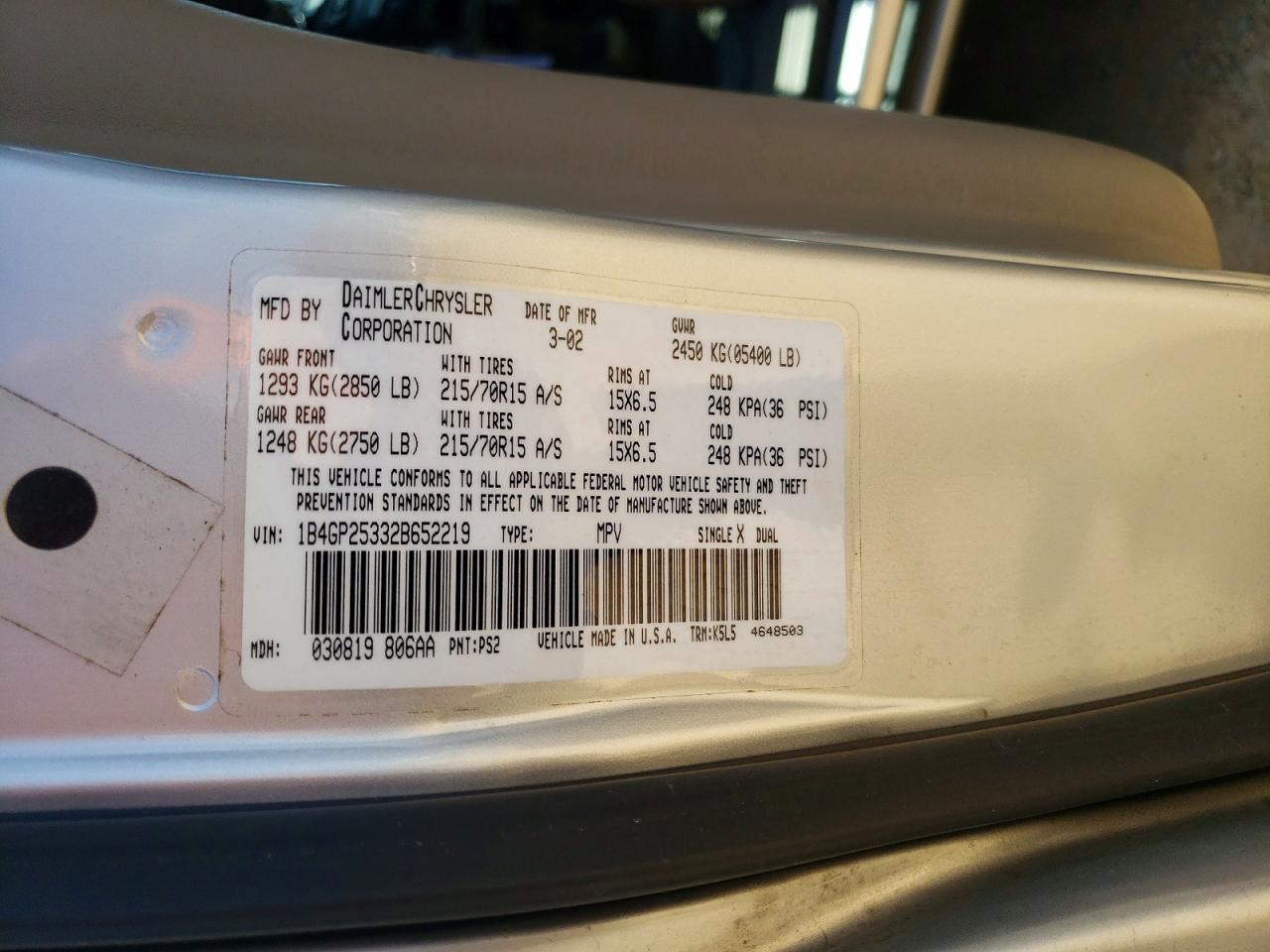 2002 Dodge Caravan Se Silver vin: 1B4GP25332B652219
