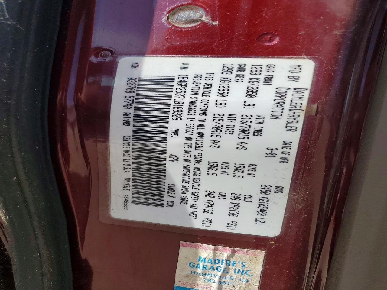 2001 Dodge Caravan Se Burgundy vin: 1B4GP25371B169928