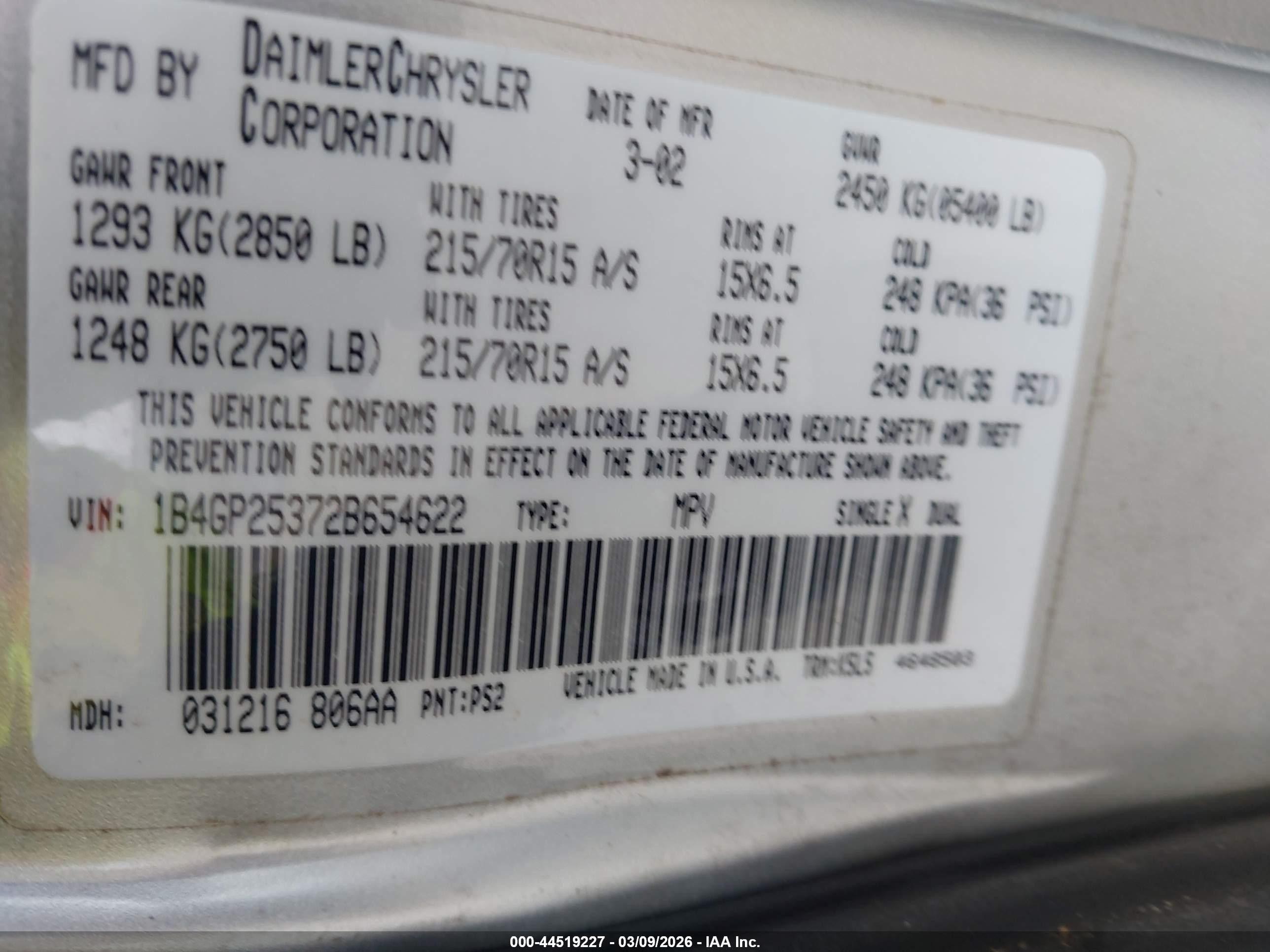 2002 Dodge Caravan Se Silver vin: 1B4GP25372B654622