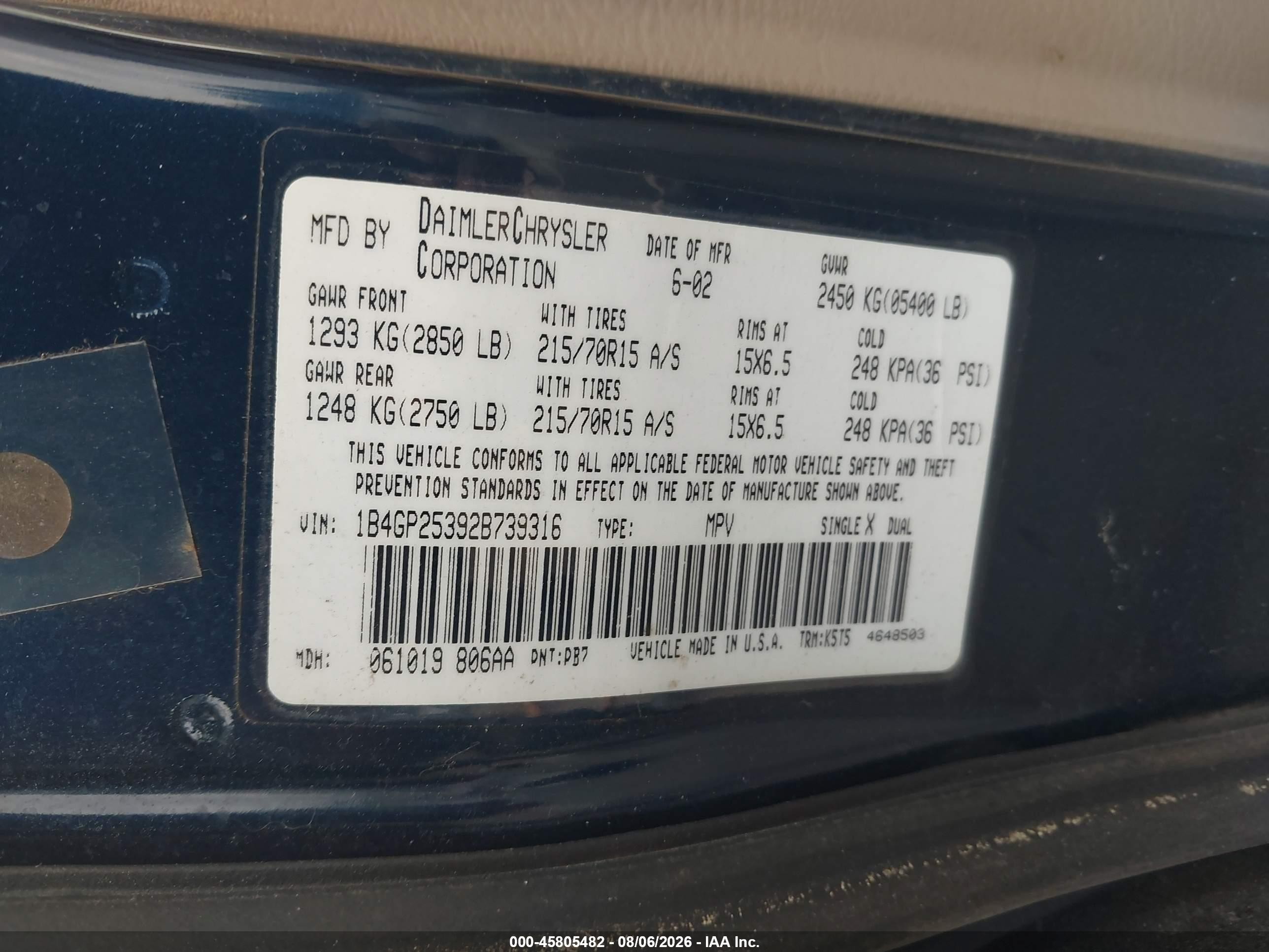 2002 Dodge Caravan Se Blue vin: 1B4GP25392B739316
