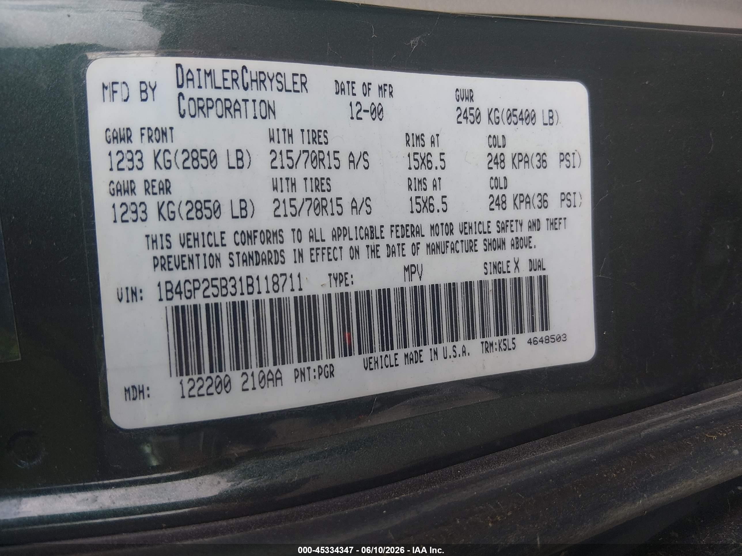 2001 Dodge Caravan Se Green vin: 1B4GP25B31B118711