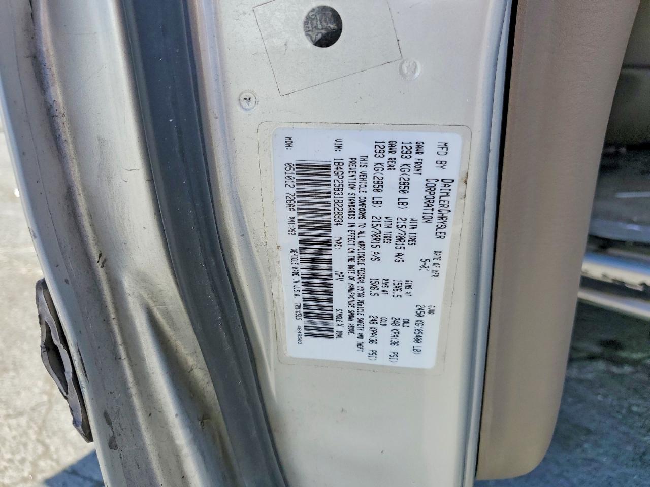 2001 Dodge Caravan Se Silver vin: 1B4GP25B31B228934